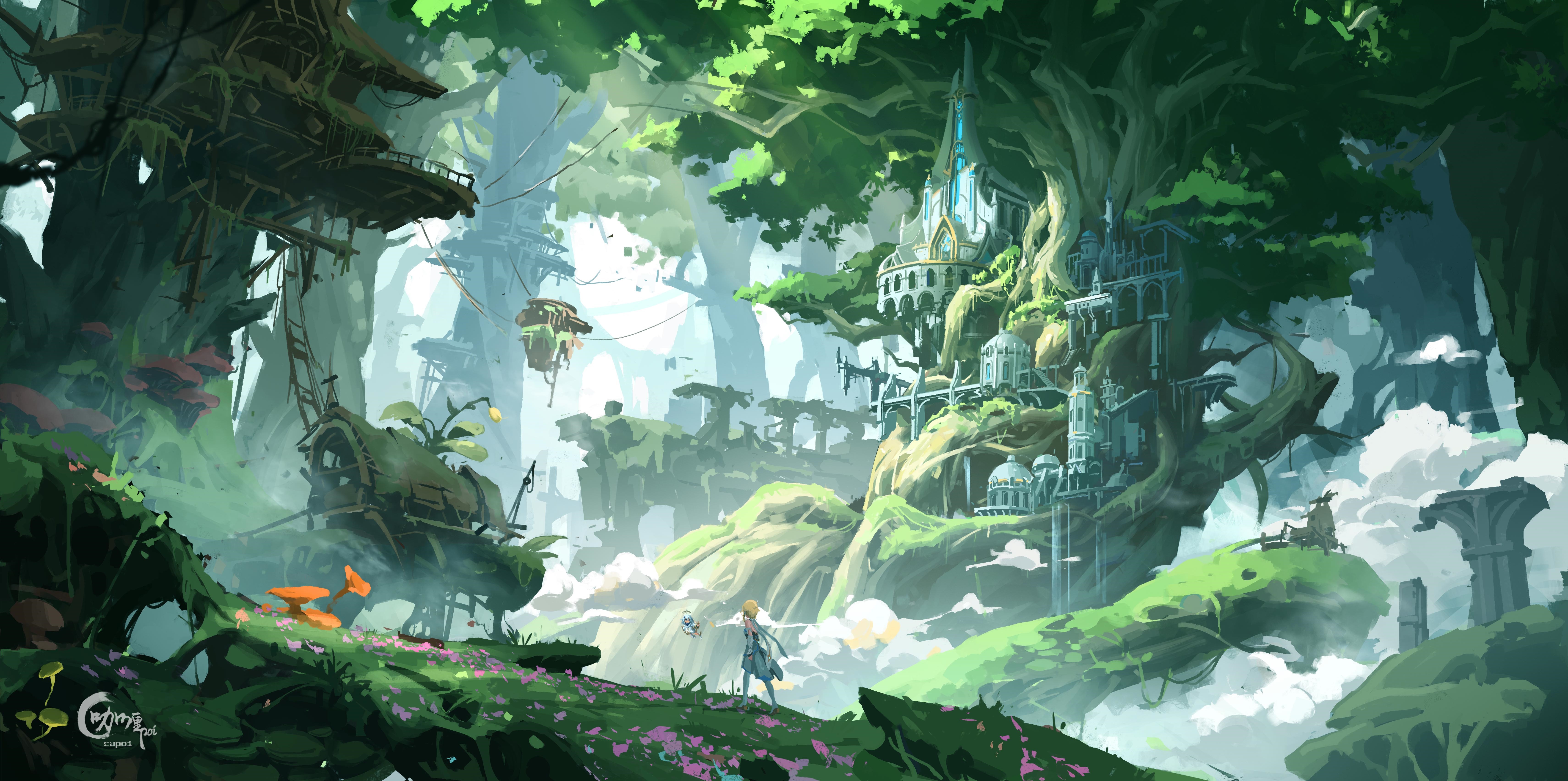 Genshin Impact: Lumine and Paimon in a forest HD Wallpaper