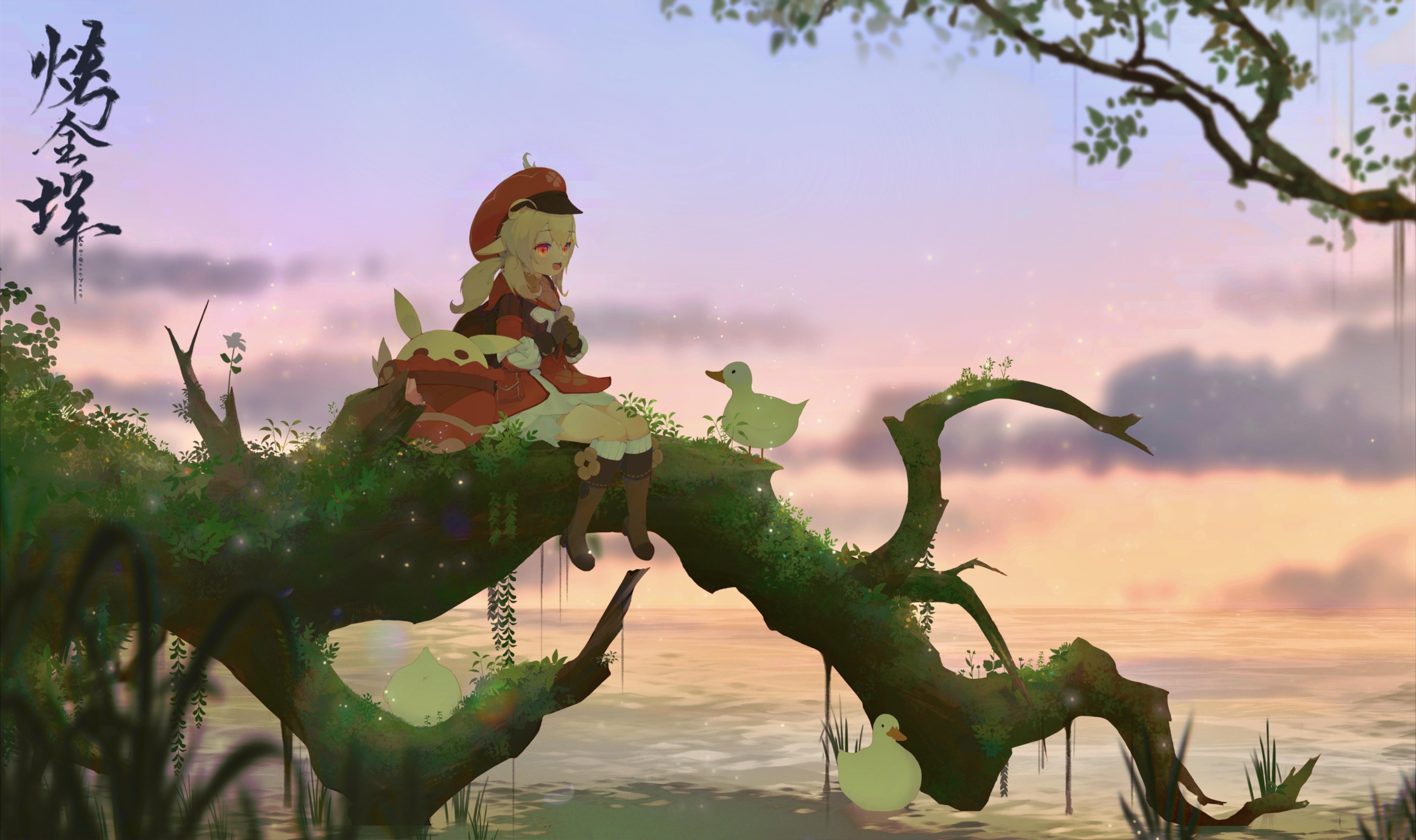 Genshin Impact Klee and Ducks on a Tree Branch HD Wallpaper