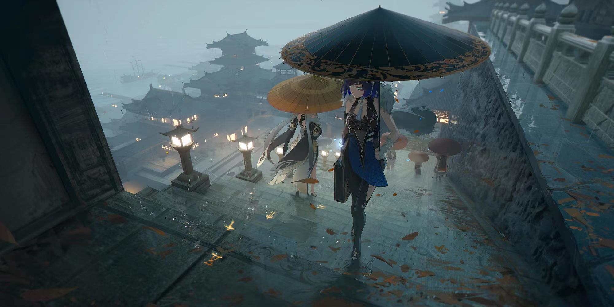 Yelan and Ningguang under umbrellas in the rain HD Wallpaper