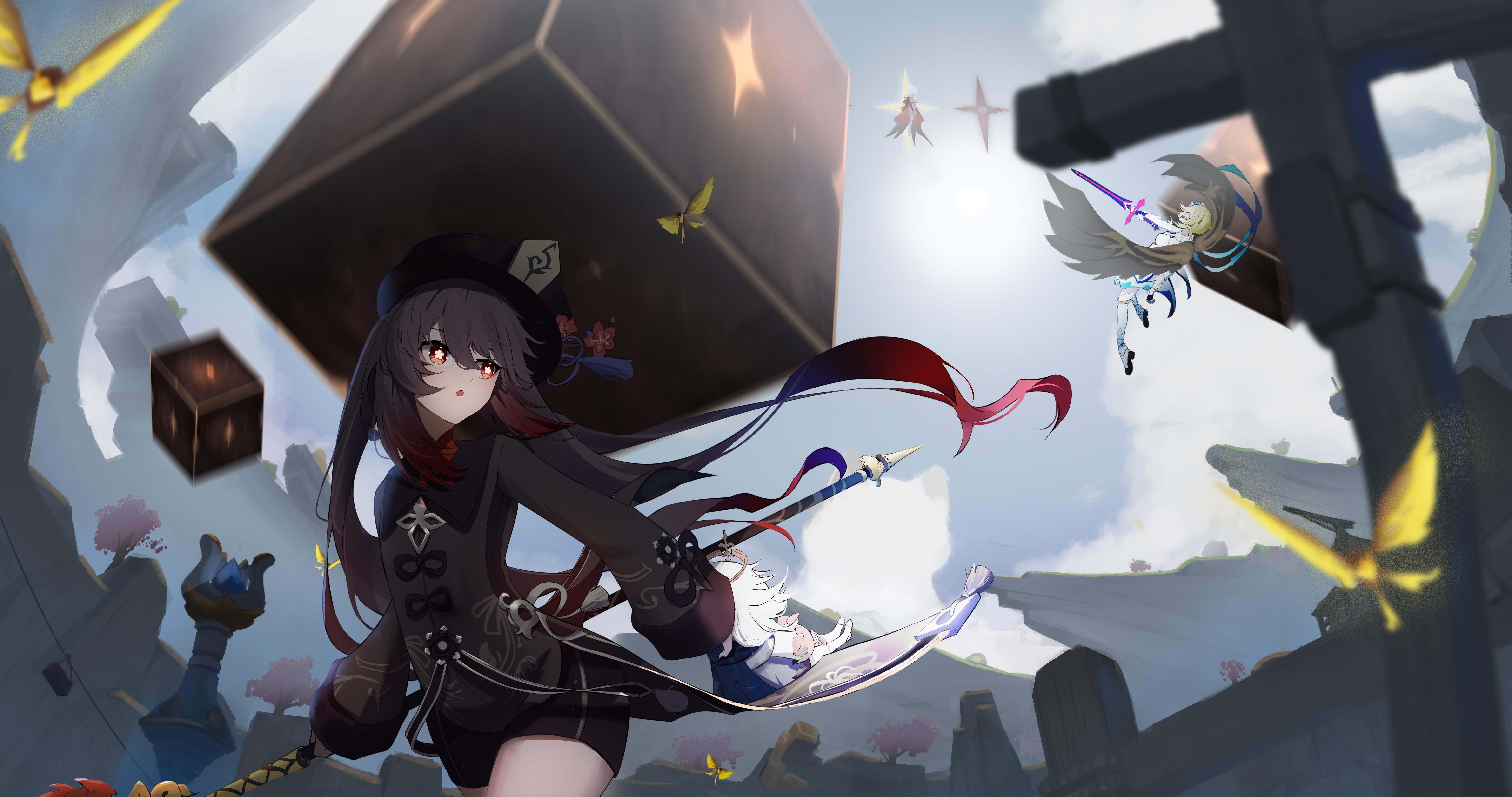 Genshin Impact: Hu Tao and Lumine with a Cube HD Wallpaper