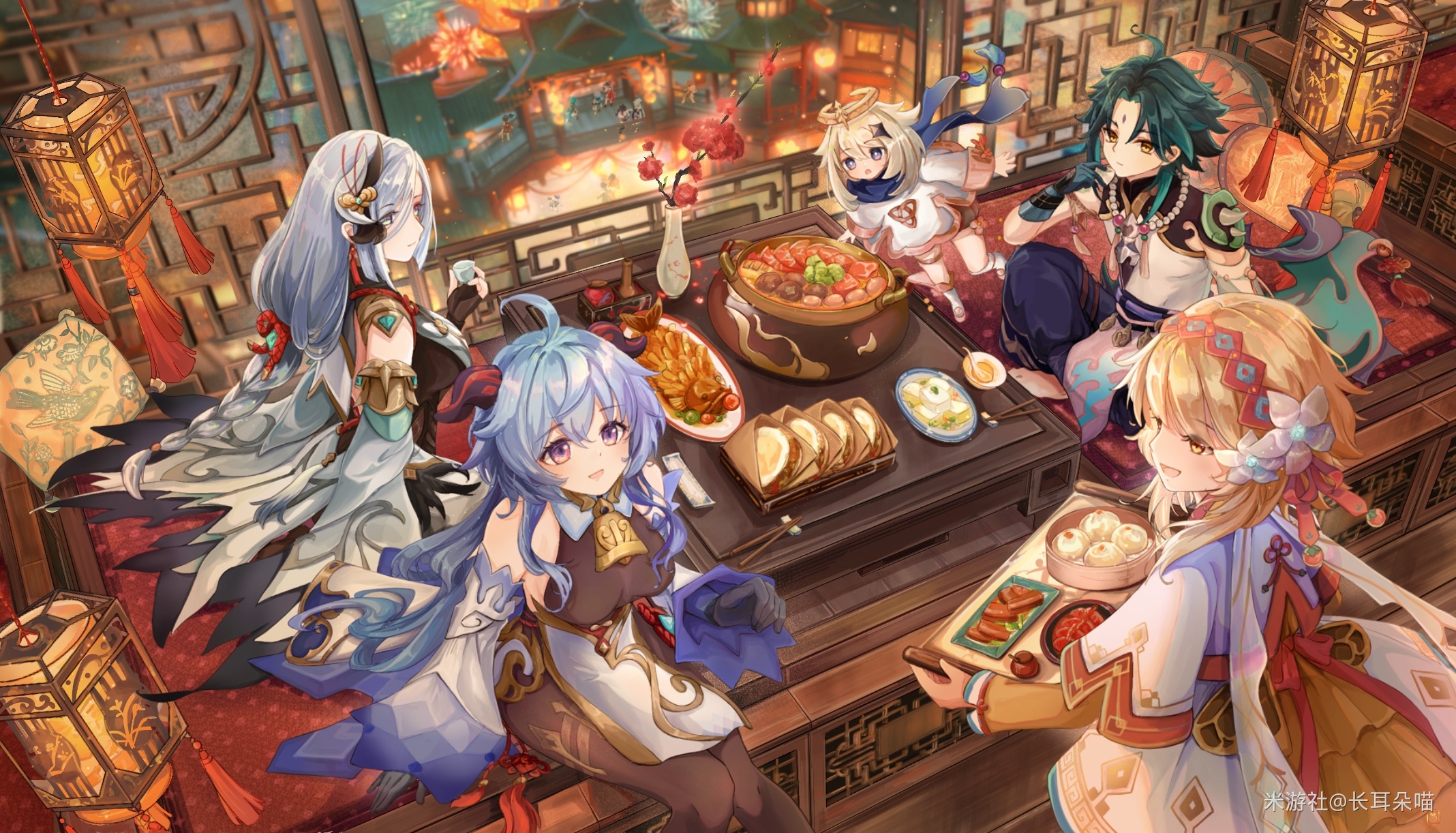 Genshin Impact characters enjoy a meal together HD Wallpaper