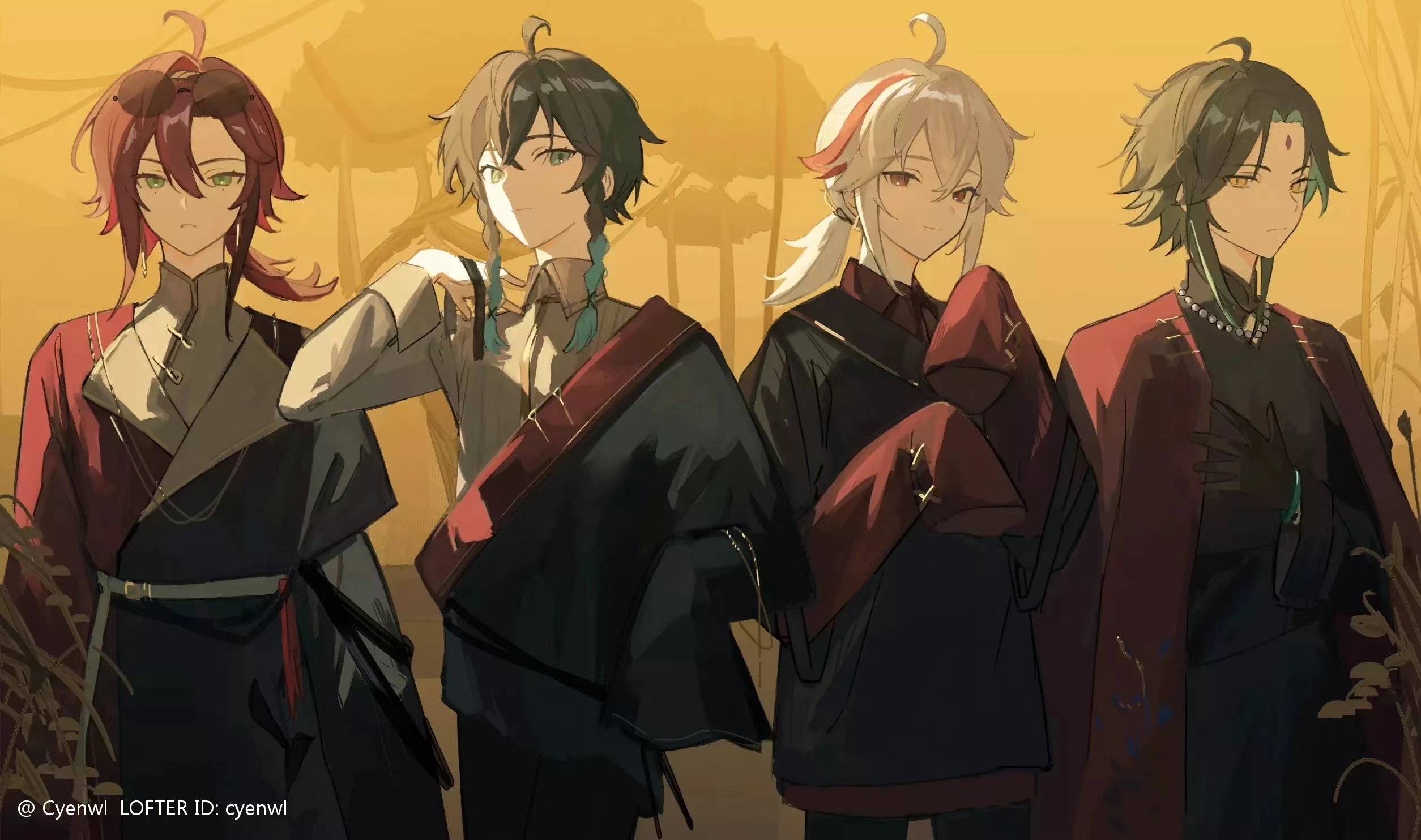 Genshin Impact characters Xiao, Kazuha, Venti, and Heizou HD Wallpaper