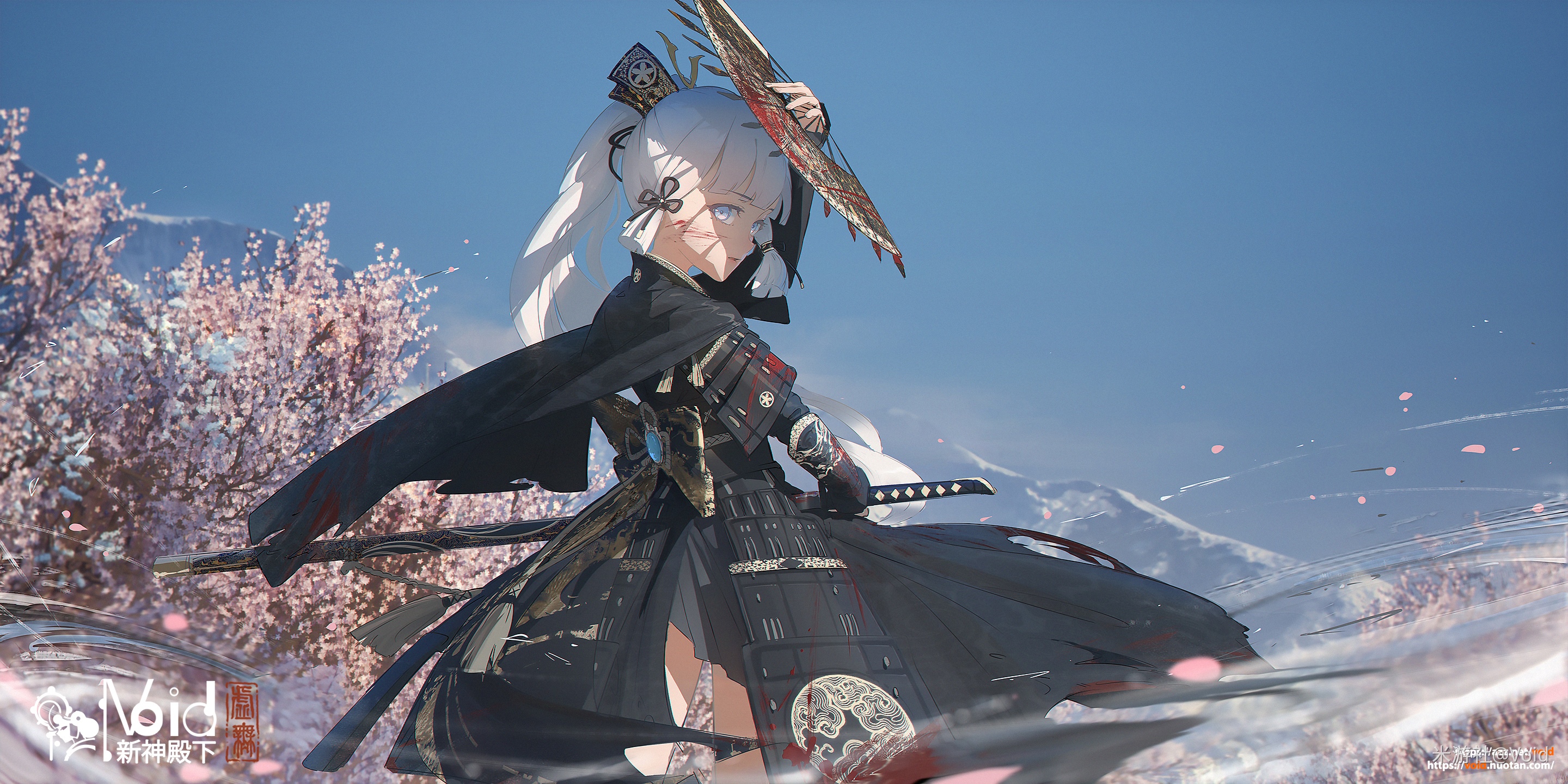 Kamisato Ayaka with sword and fan HD Wallpaper