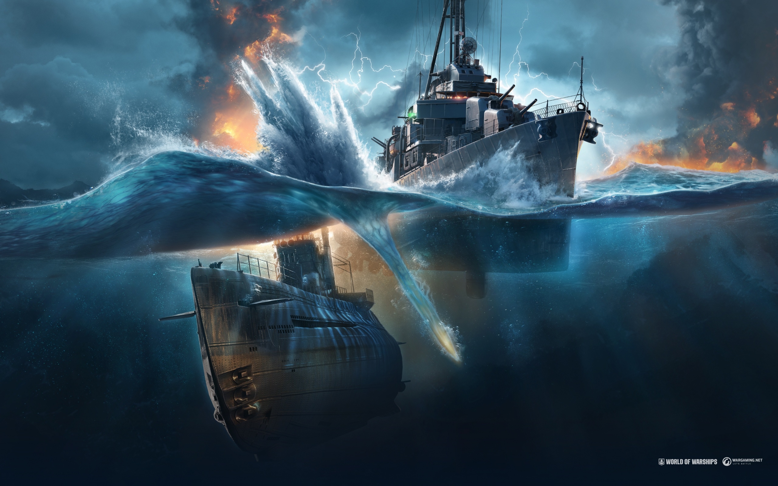World of Warships: Submarine and Destroyer in Stormy Seas HD Wallpaper