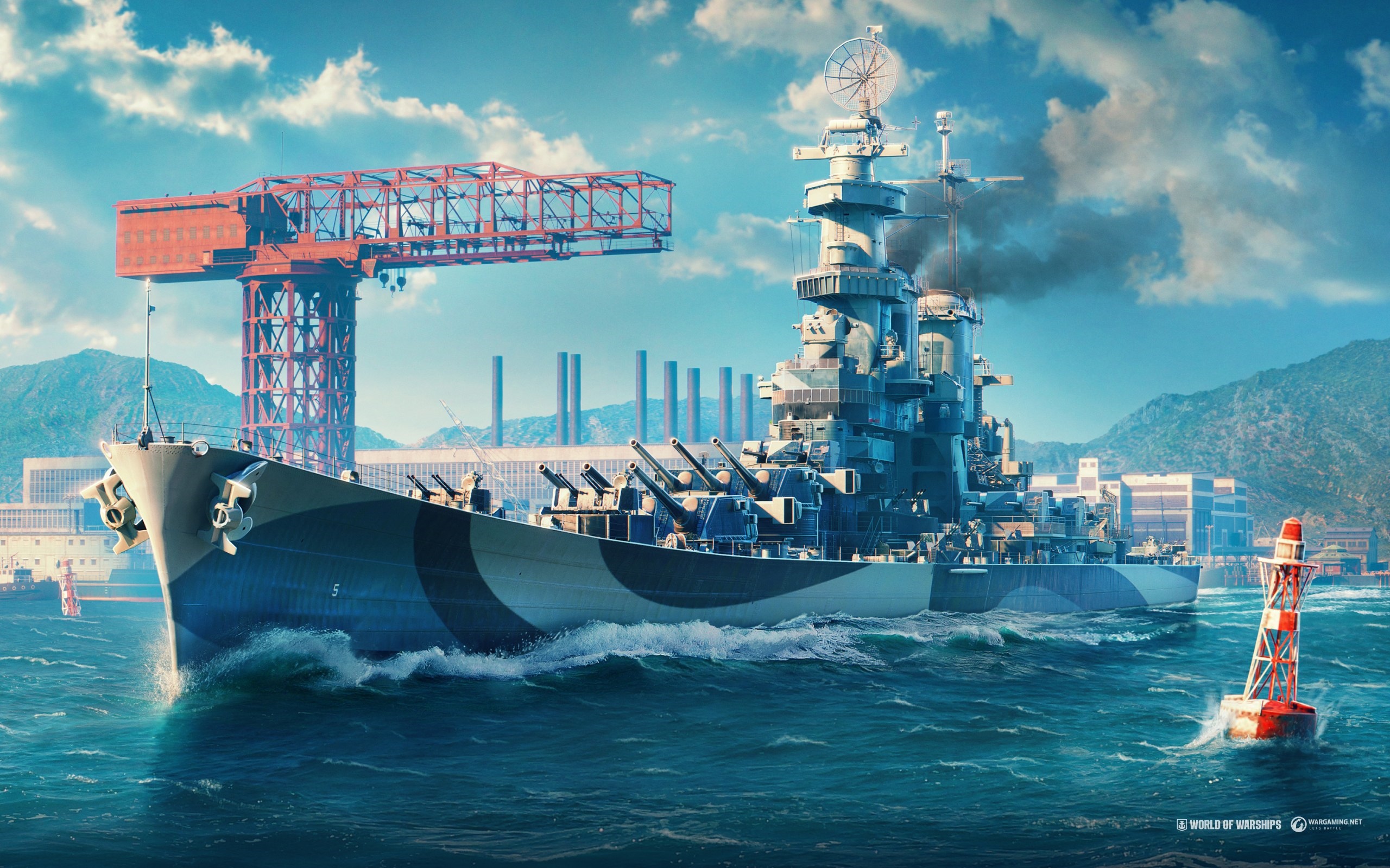 World of Warships Battleship in a Harbor HD Wallpaper