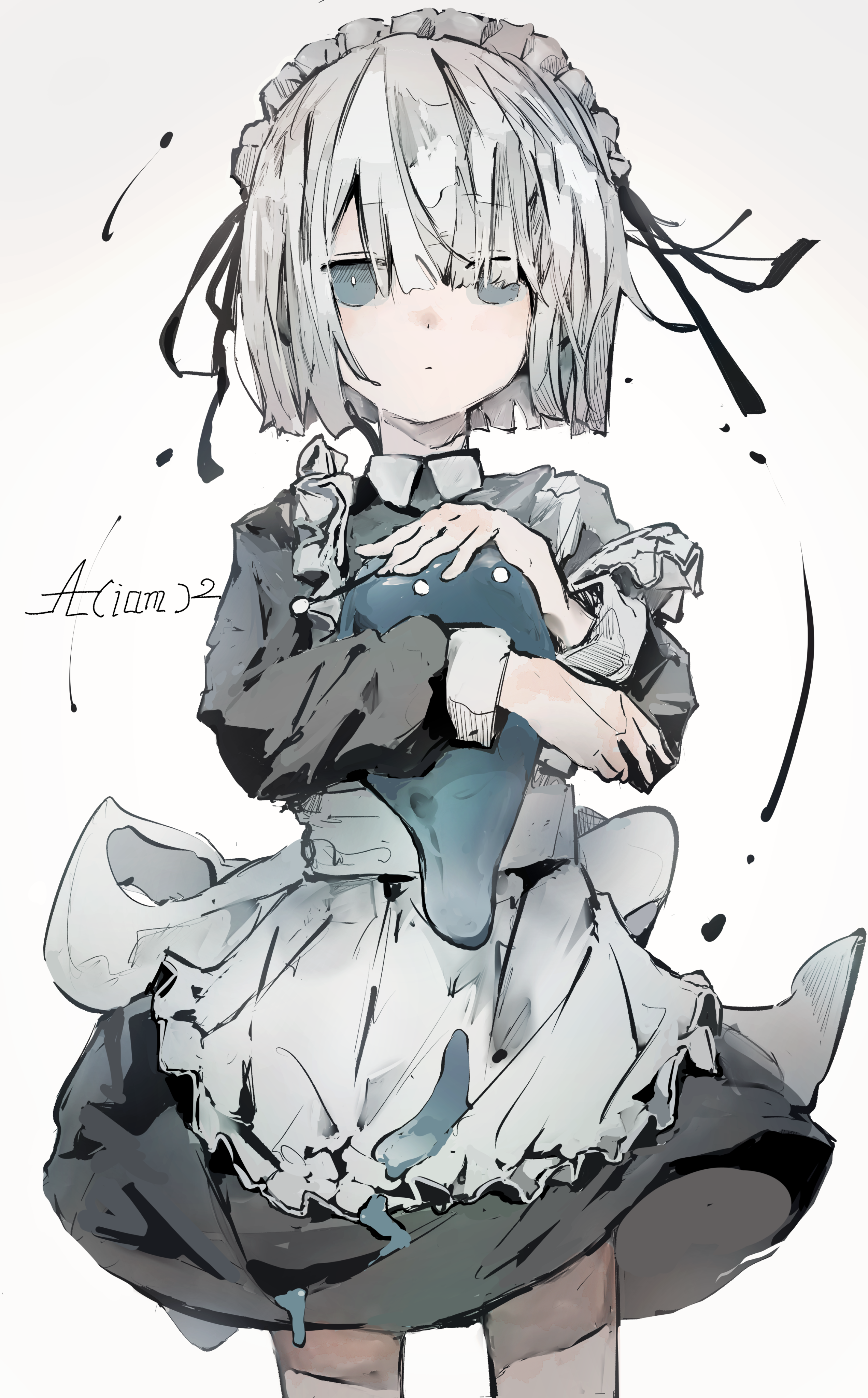 Maid outfit character Aciam holding a blue plush toy HD Phone Wallpaper