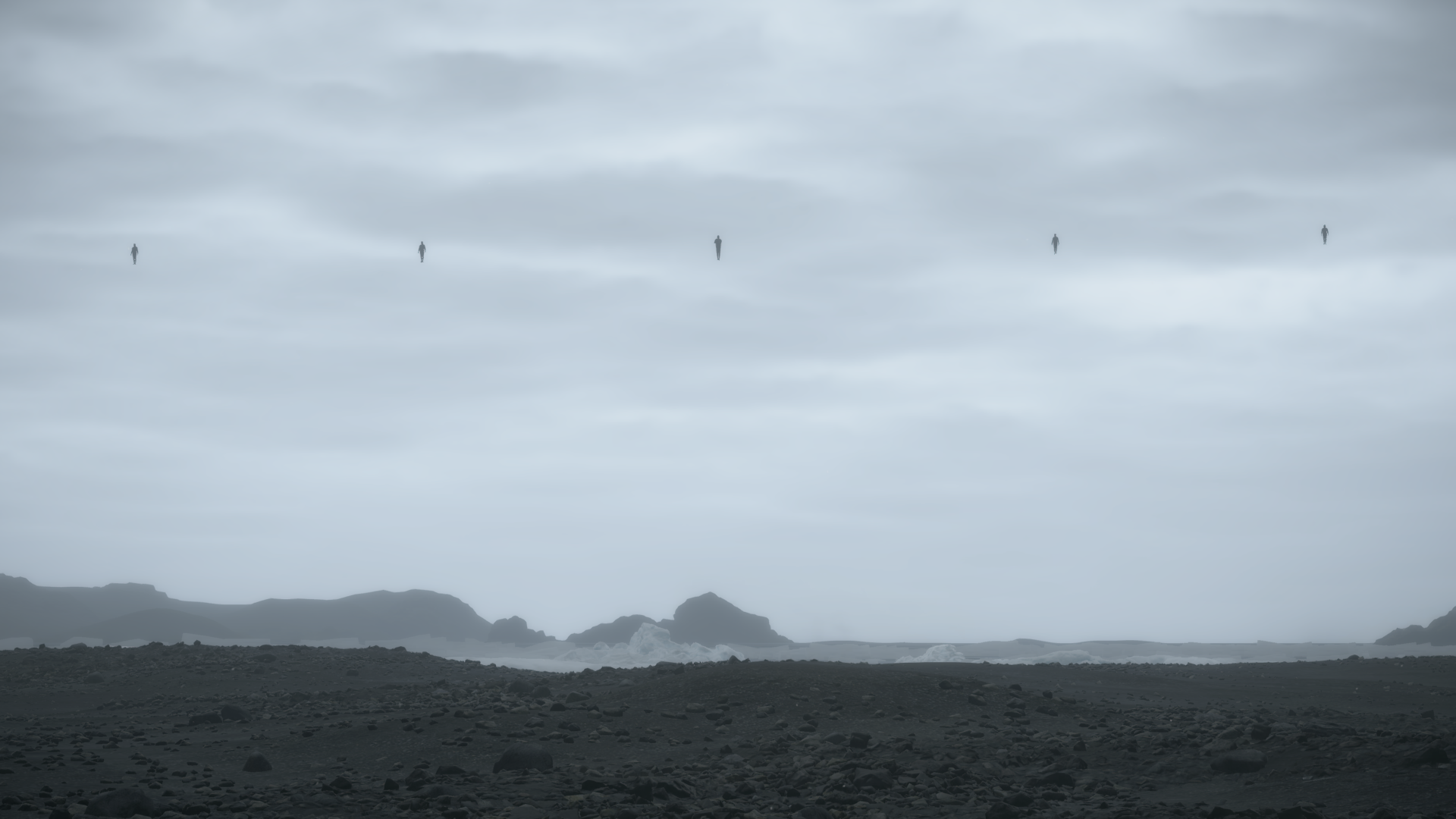 Death Stranding figures in a misty landscape HD Wallpaper