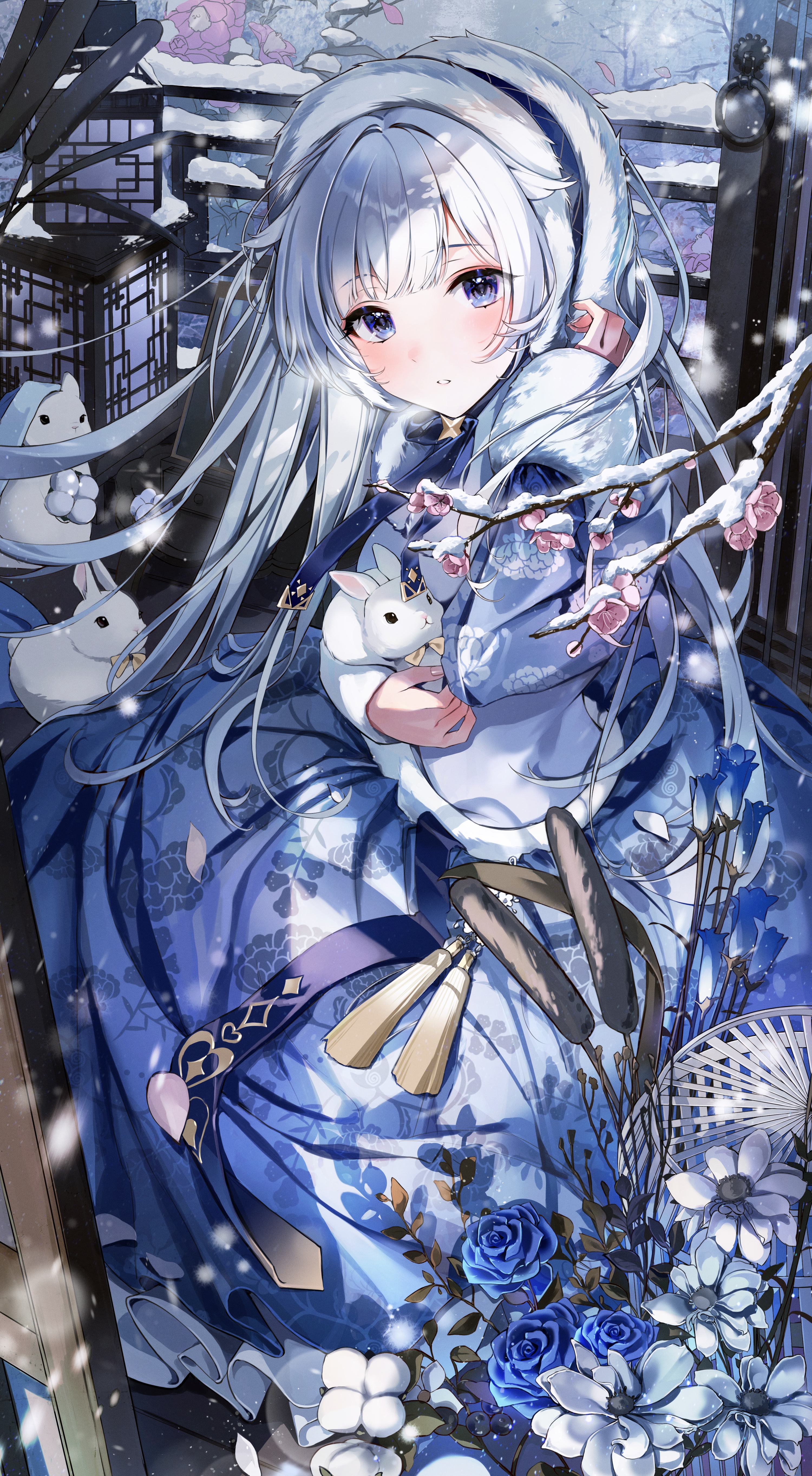 Anime girl with silver hair and rabbits in snow HD Phone Wallpaper