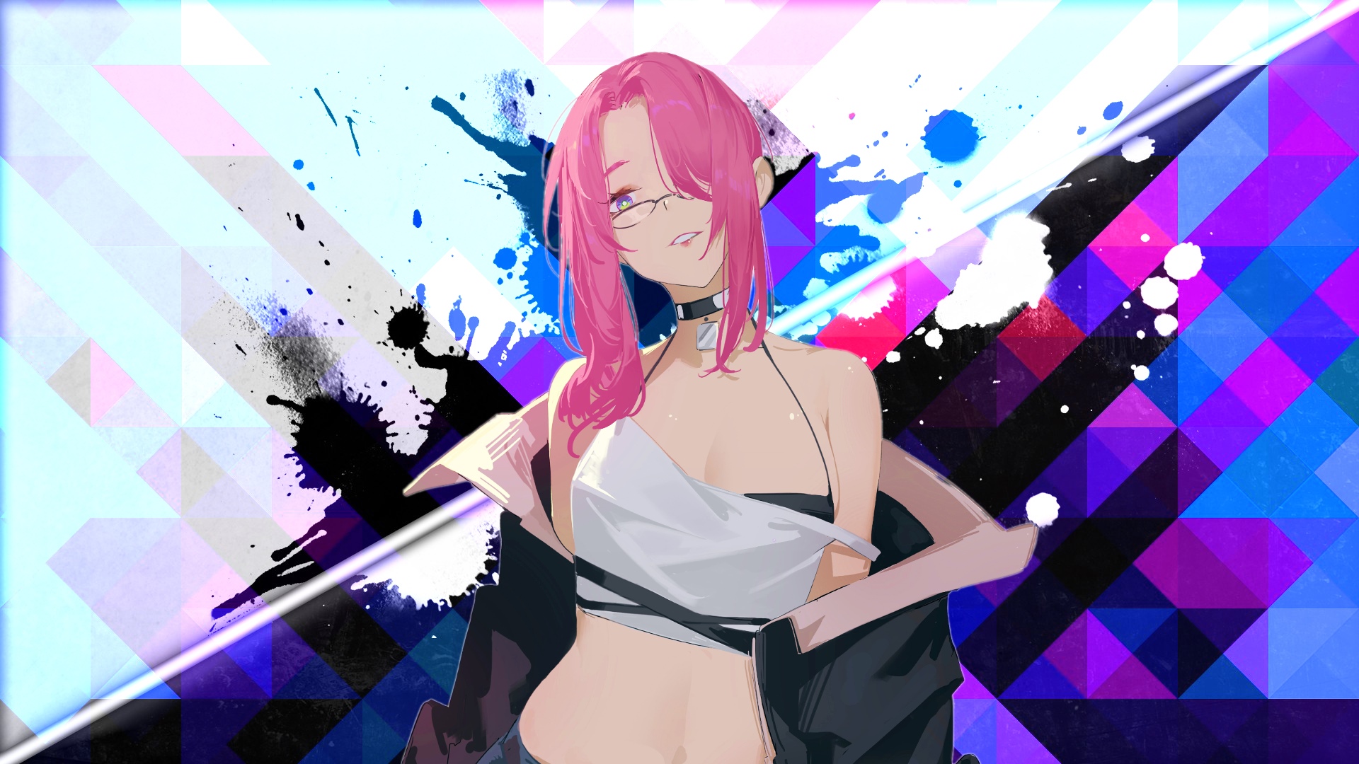 Anime girl with pink hair and glasses HD Wallpaper