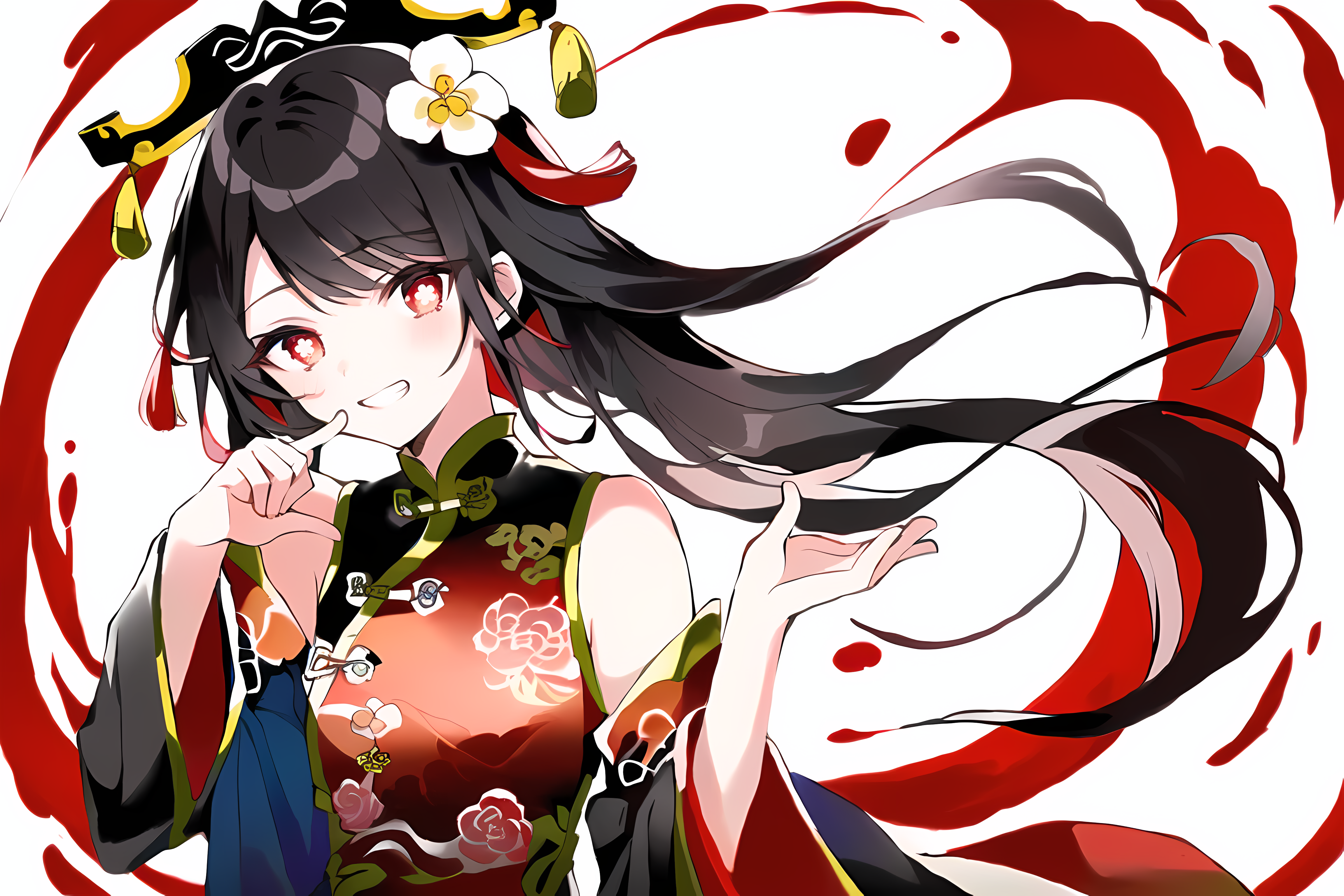 4K Hu Tao in Chinese Dress with Red Eyes HD Wallpaper