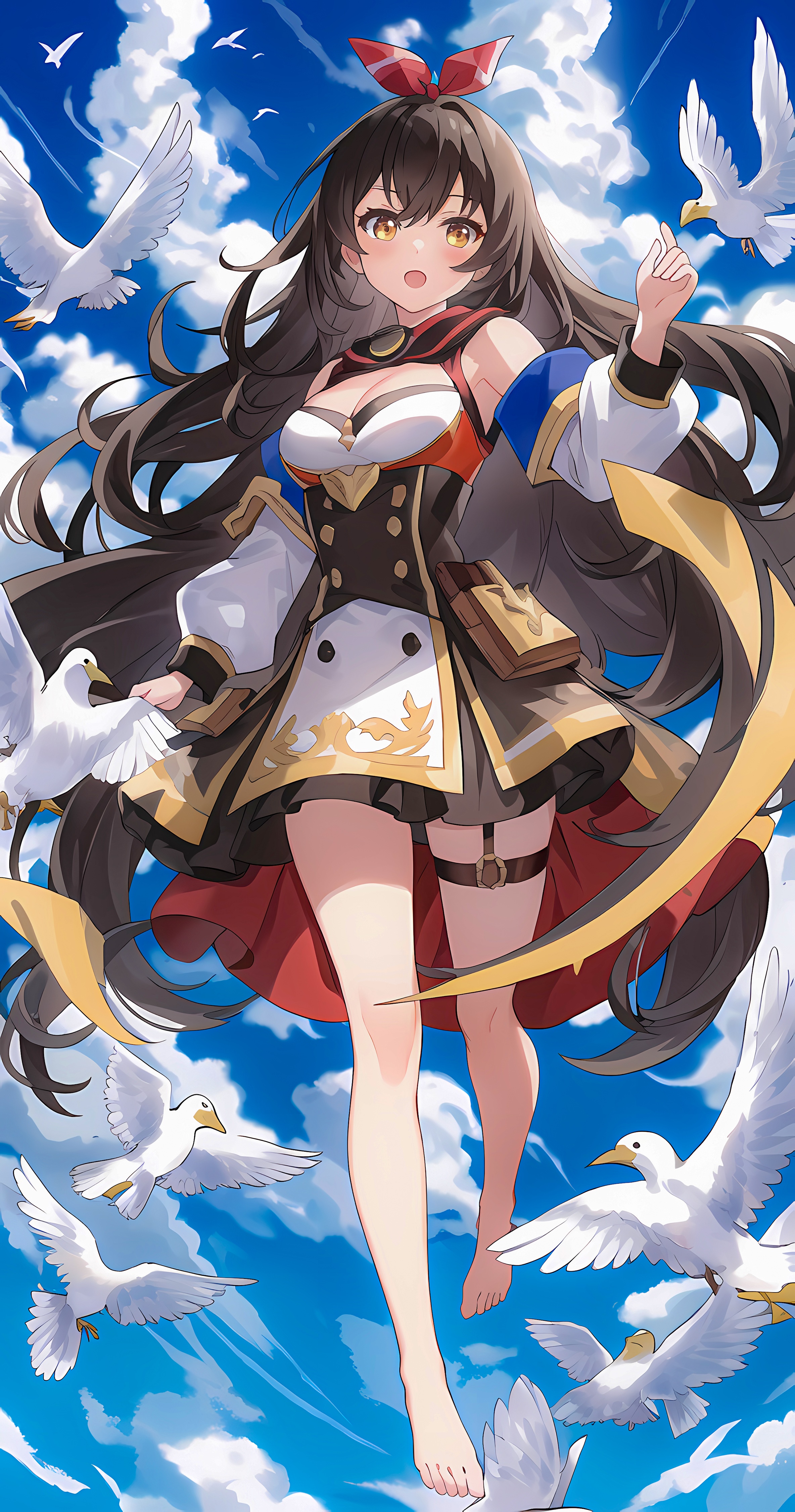 Amber from Genshin Impact with birds in the sky HD Phone Wallpaper