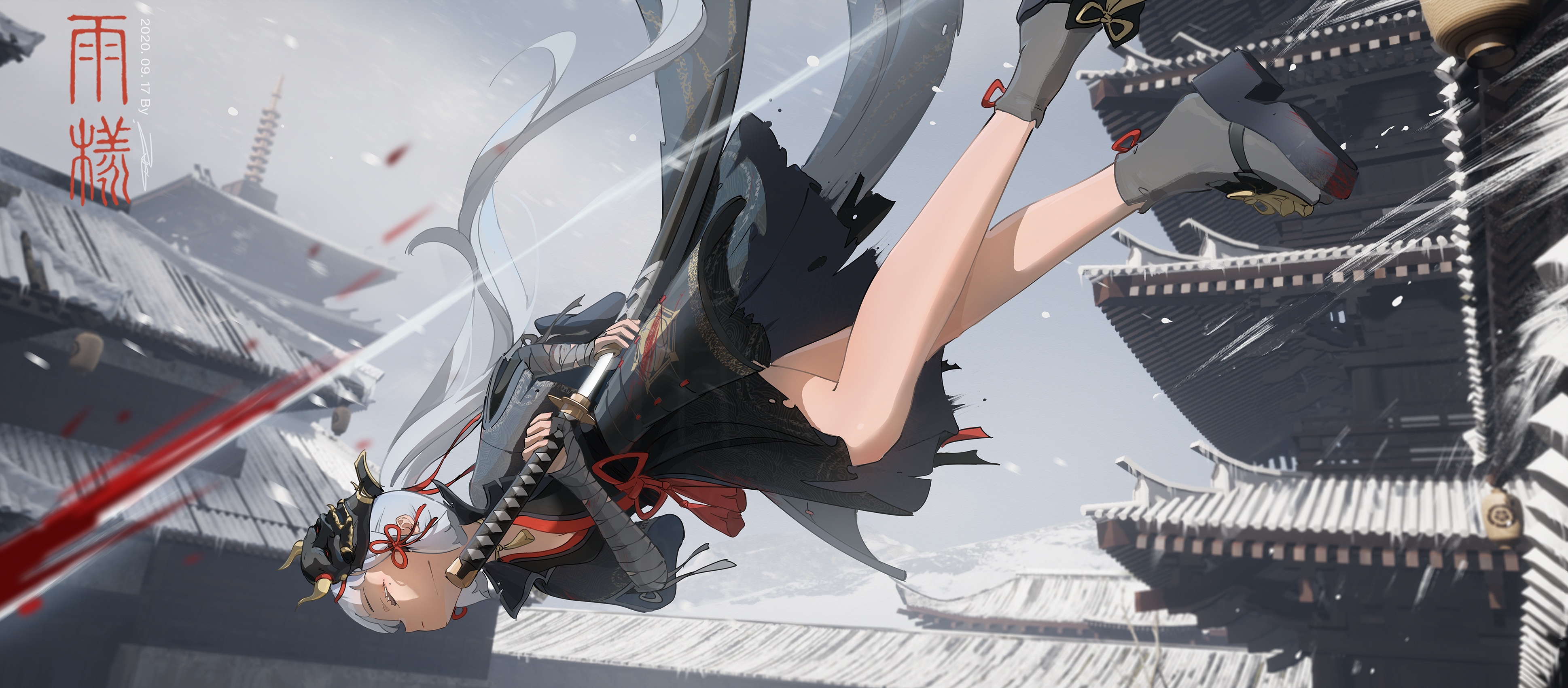 4K Genshin Impact Kamisato Ayaka falling with katana HD Wallpaper