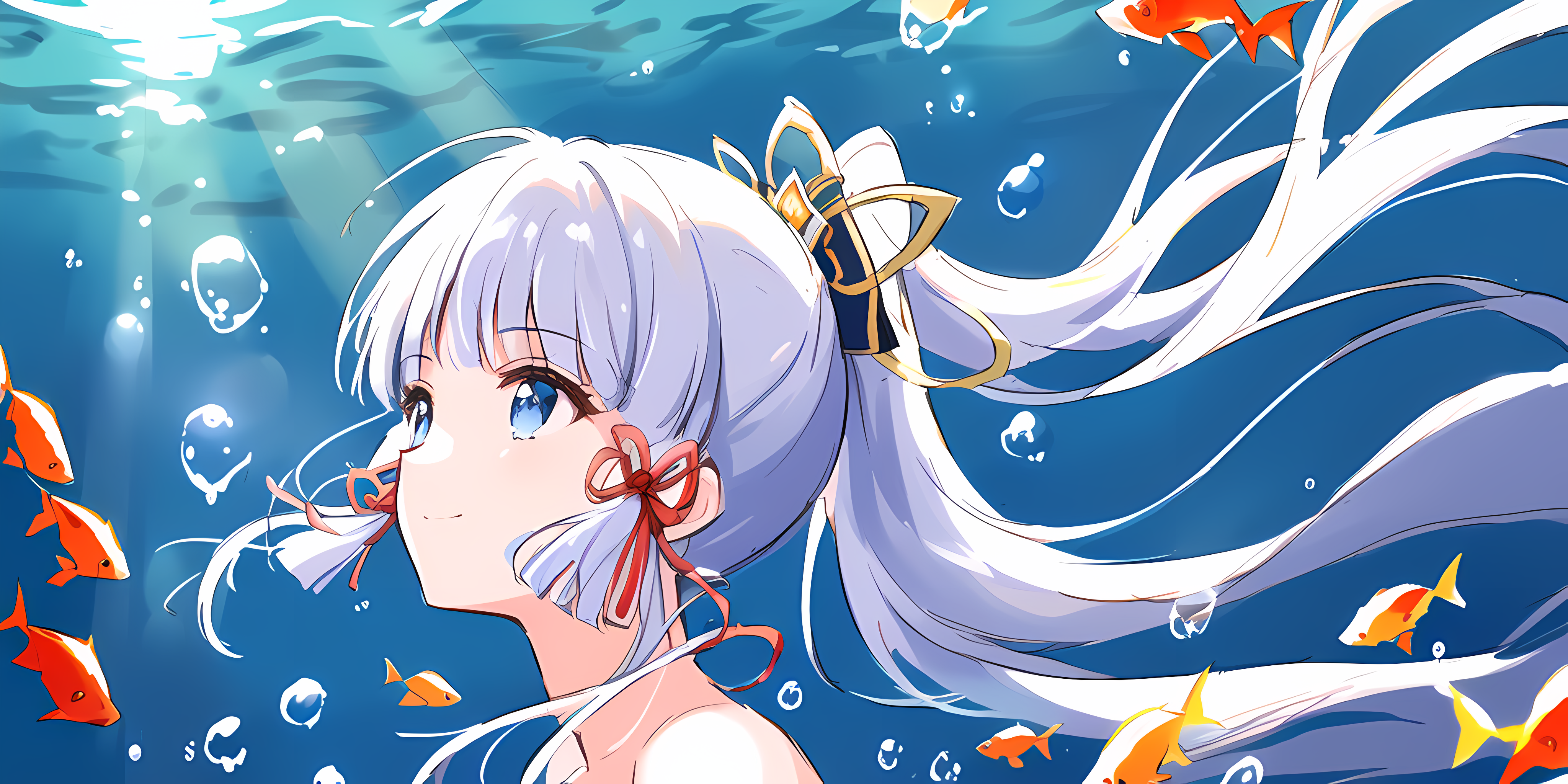 4K Genshin Impact: Kamisato Ayaka underwater with fish HD Wallpaper