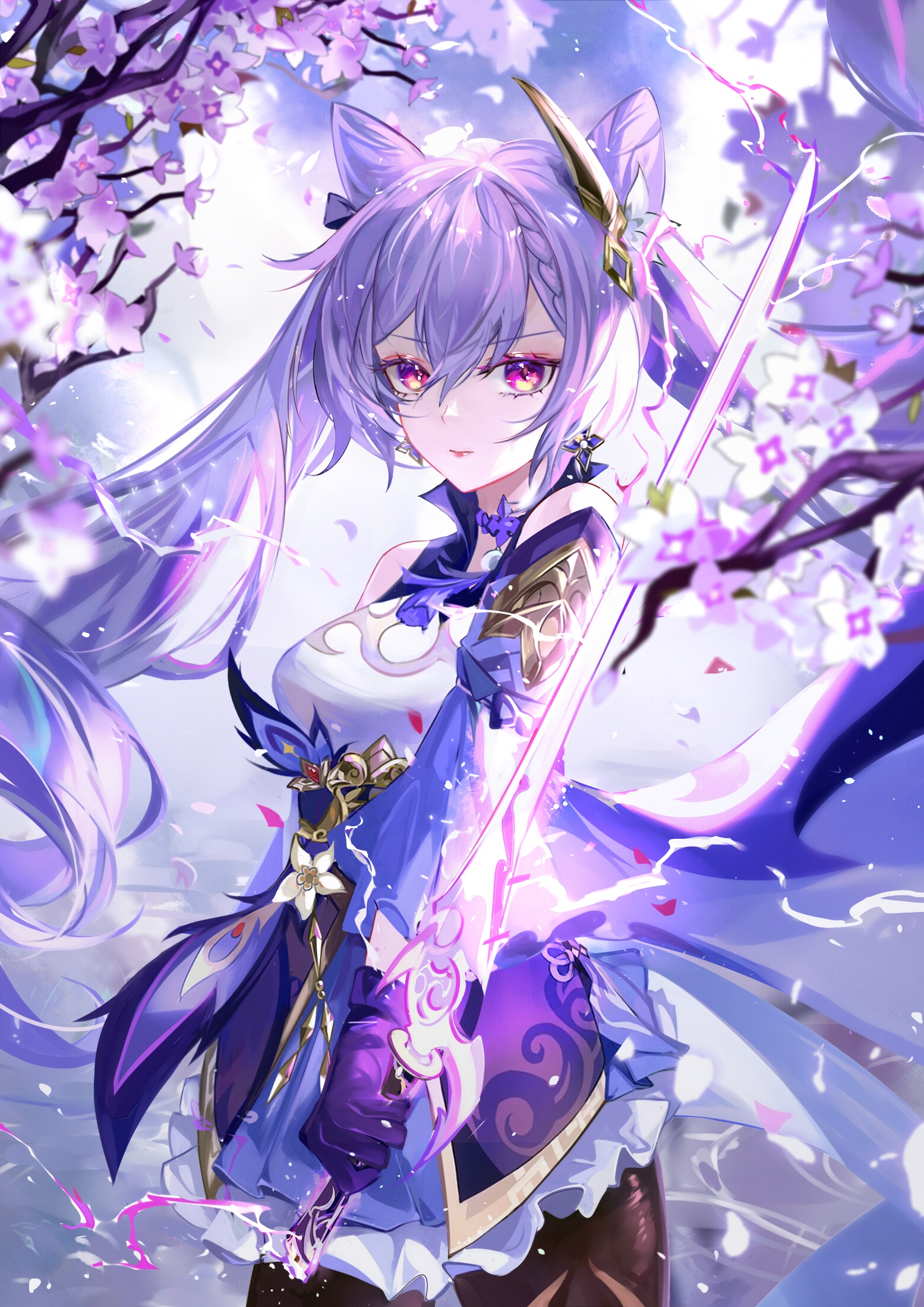 Keqing with a sword among cherry blossoms HD Phone Wallpaper