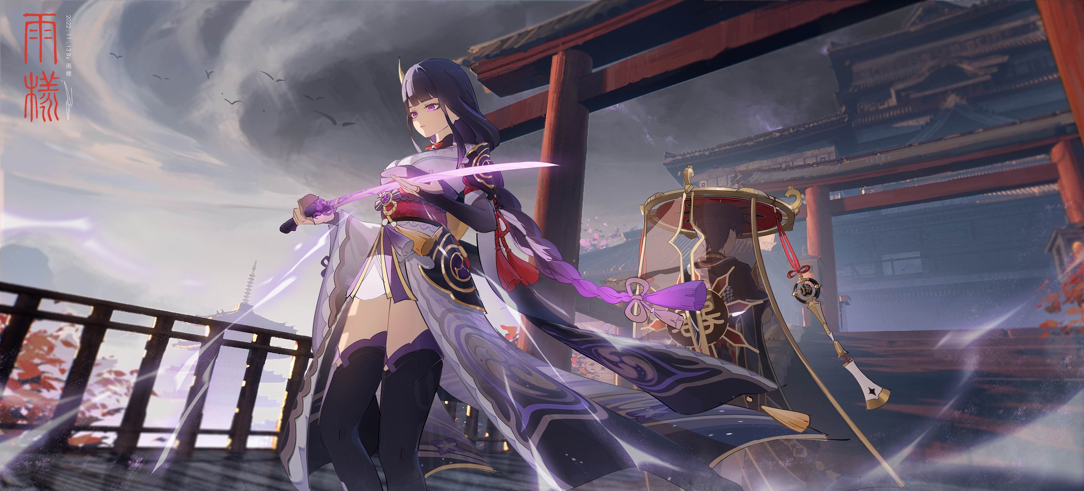 Raiden Shogun with sword in front of temple HD Wallpaper