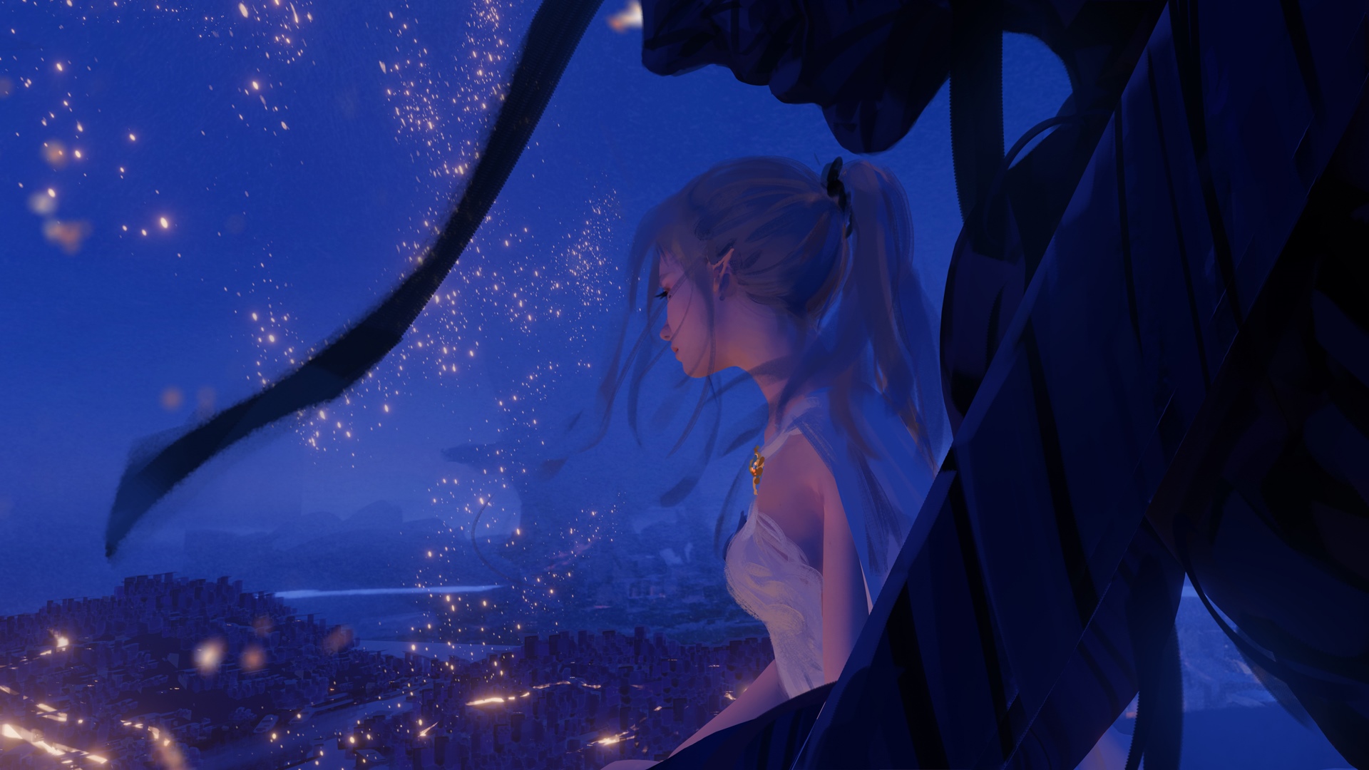 WLOP woman with pointy ears at night HD Wallpaper