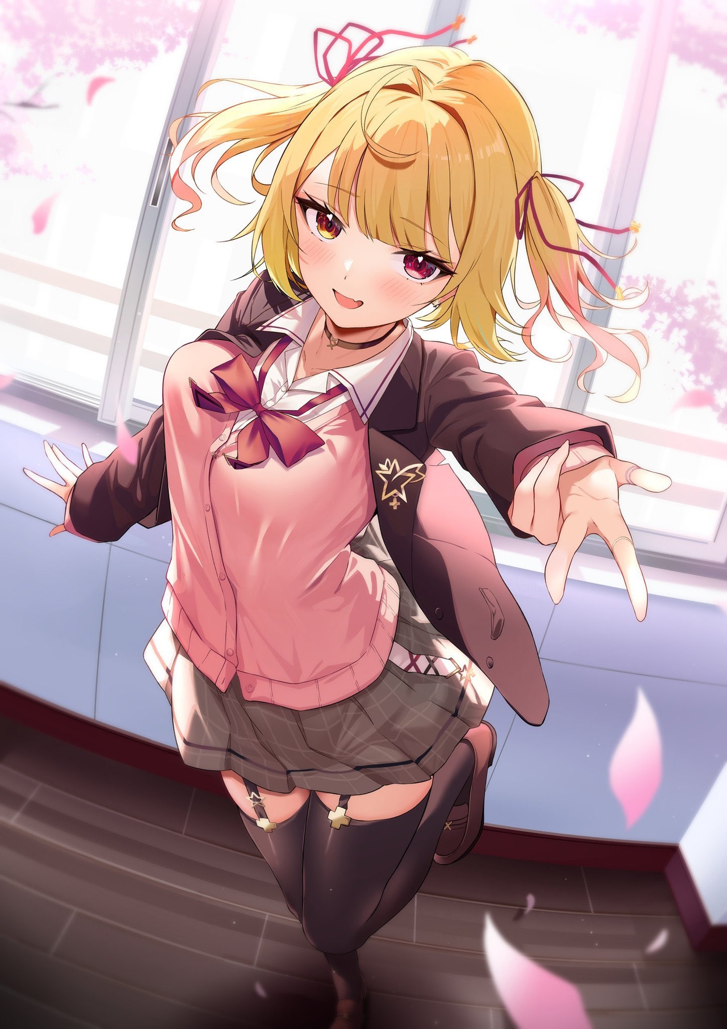 Blushing schoolgirl with blonde pigtails and petals HD Phone Wallpaper
