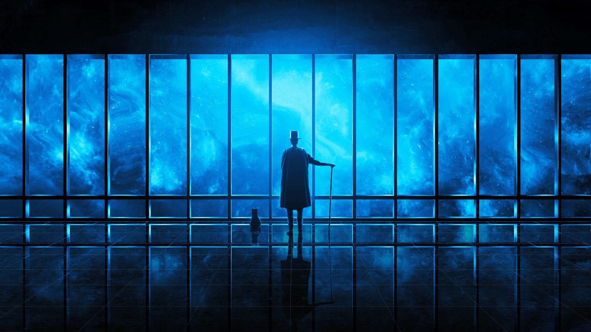 Man in hat and cat look out at space through window HD Wallpaper