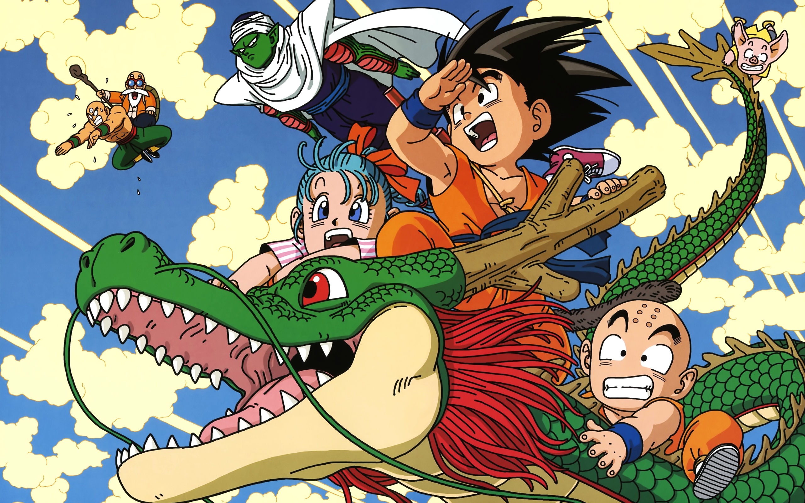 Dragon Ball Z: Kid Goku, Bulma, Piccolo, Krillin, and Muten Roshi on Shenron HD Wallpaper