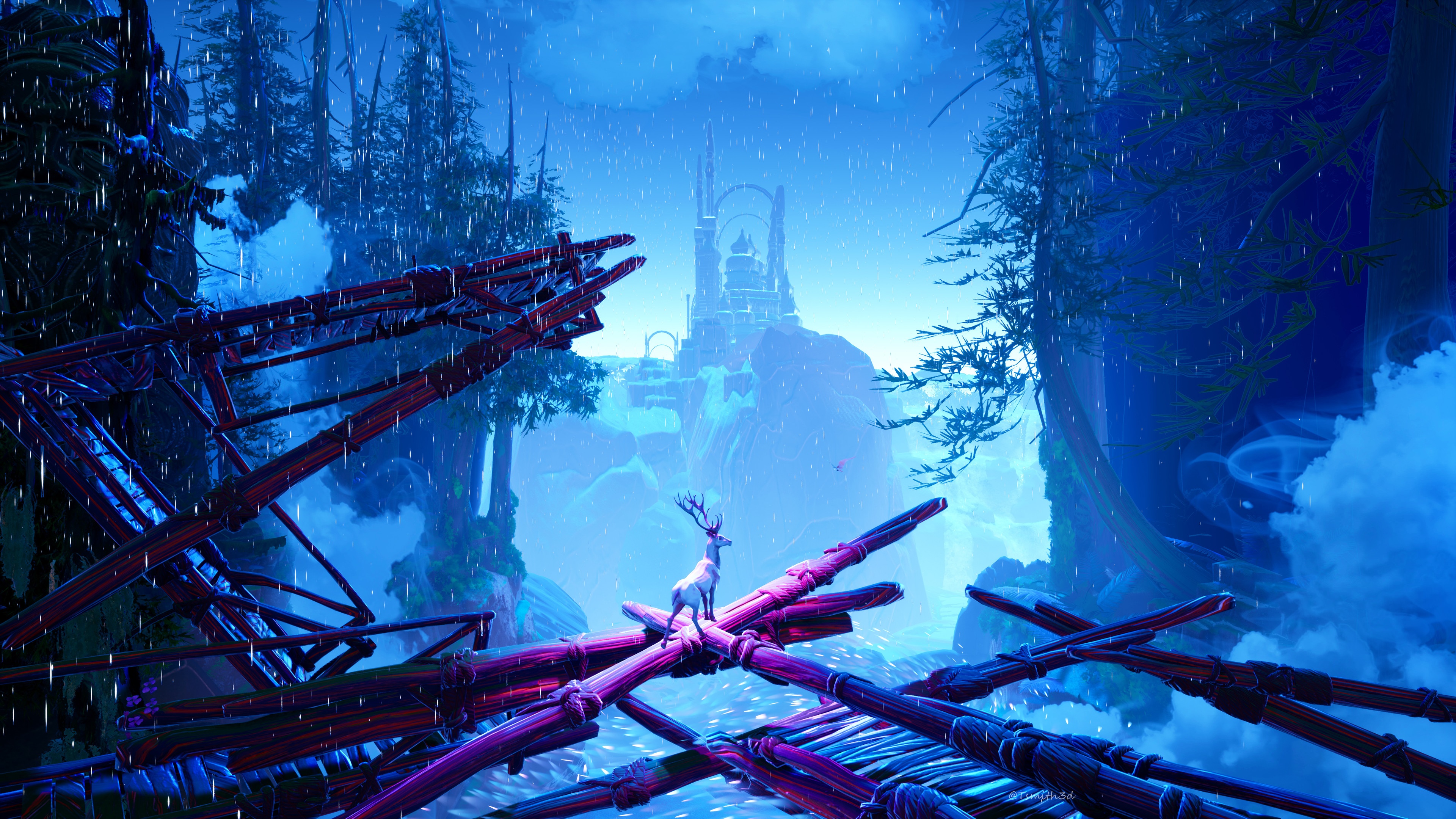 4K artwork of a deer on a bridge in a forest HD Wallpaper