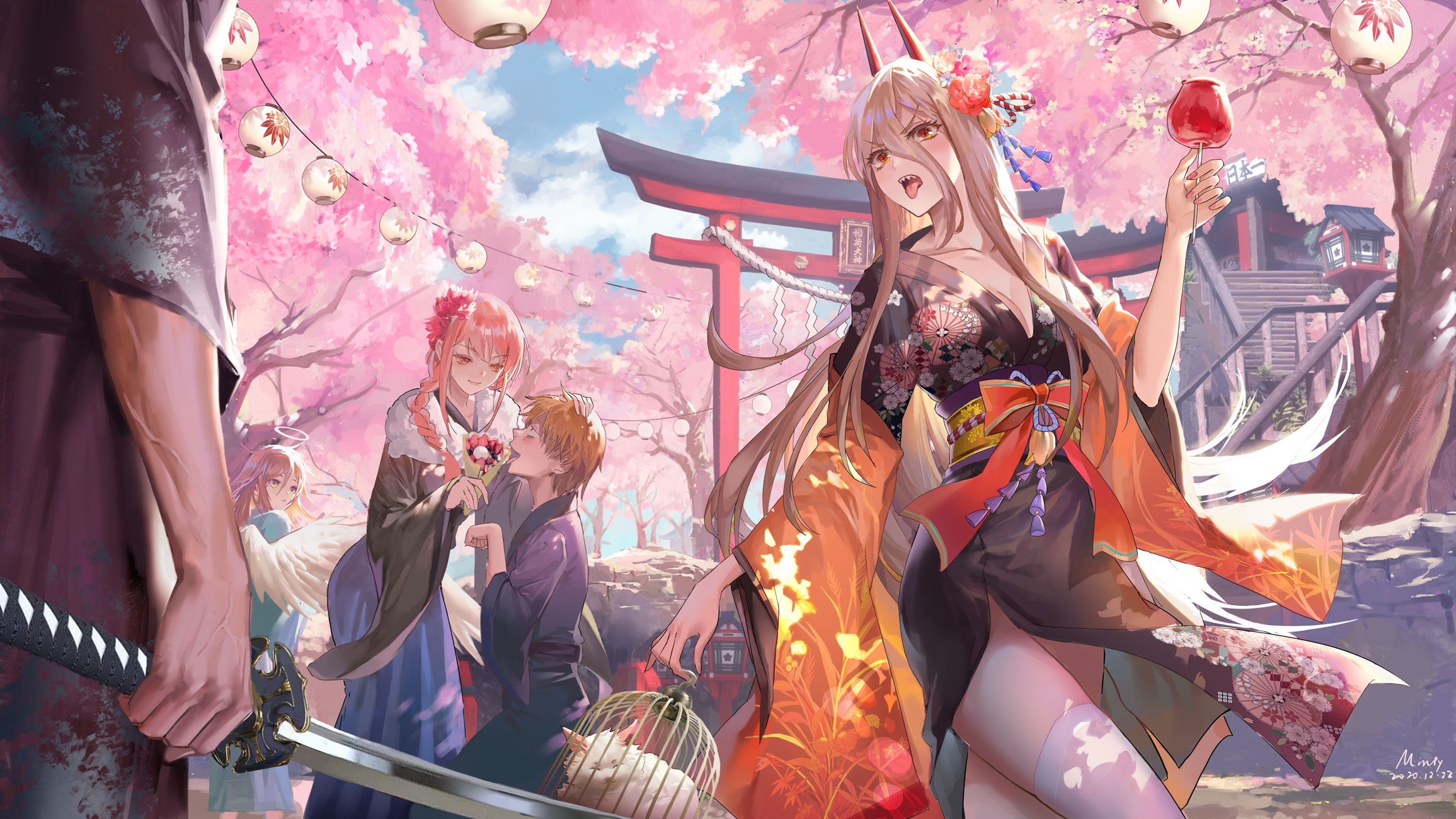 Chainsaw Man characters at a cherry blossom festival HD Wallpaper