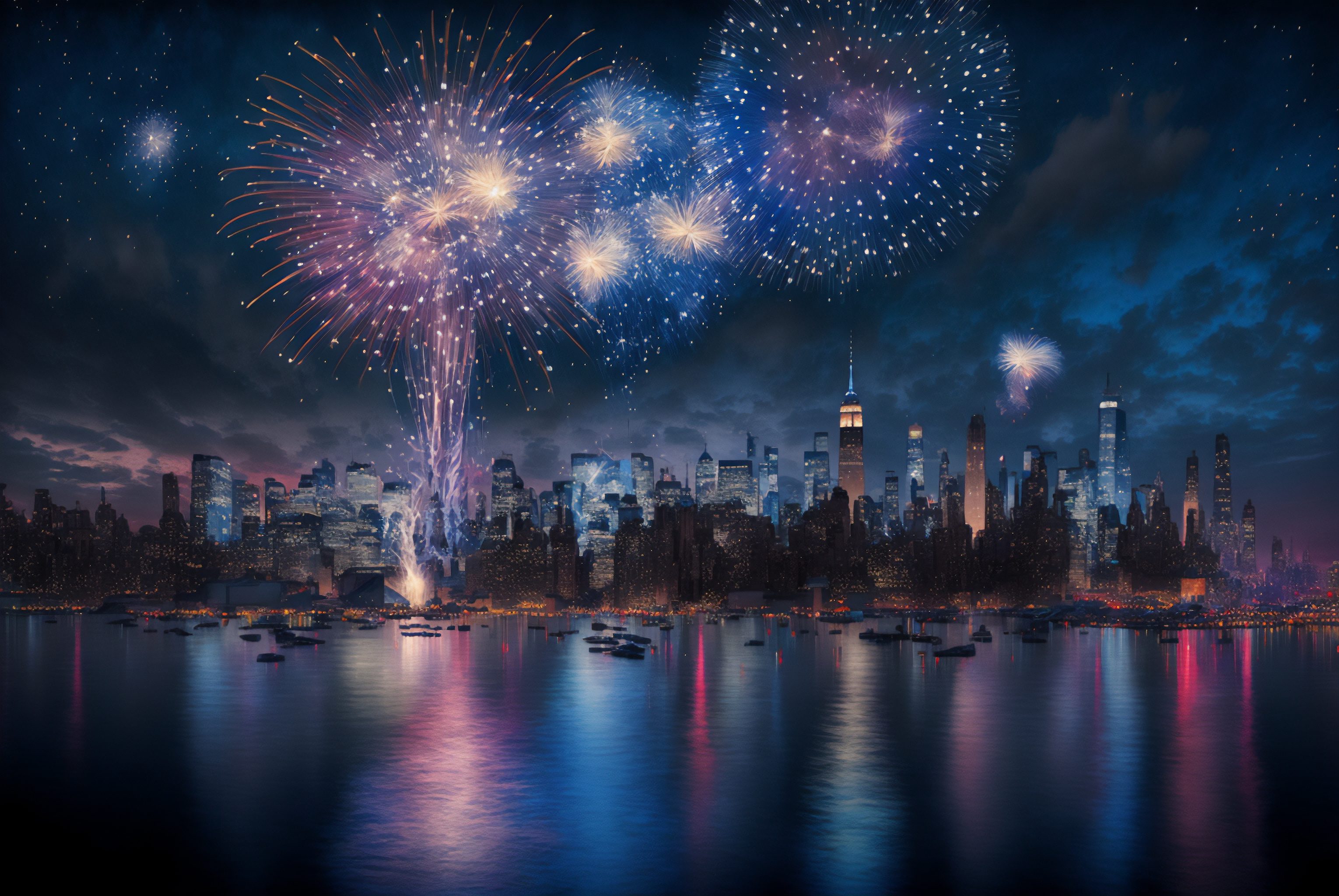 New York City Skyline with Fireworks HD Wallpaper