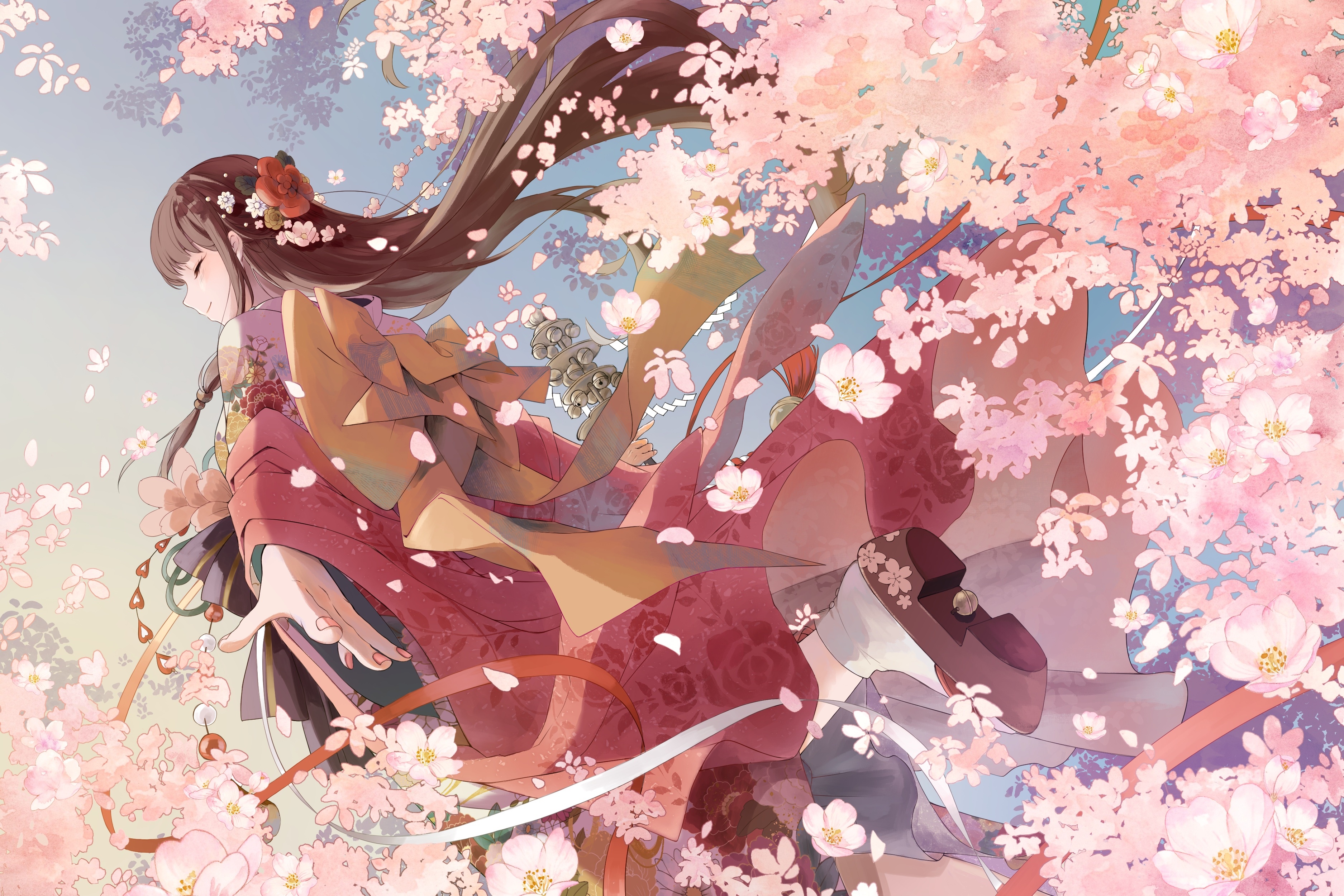 Anime girl with flower in hair surrounded by cherry blossoms HD Wallpaper