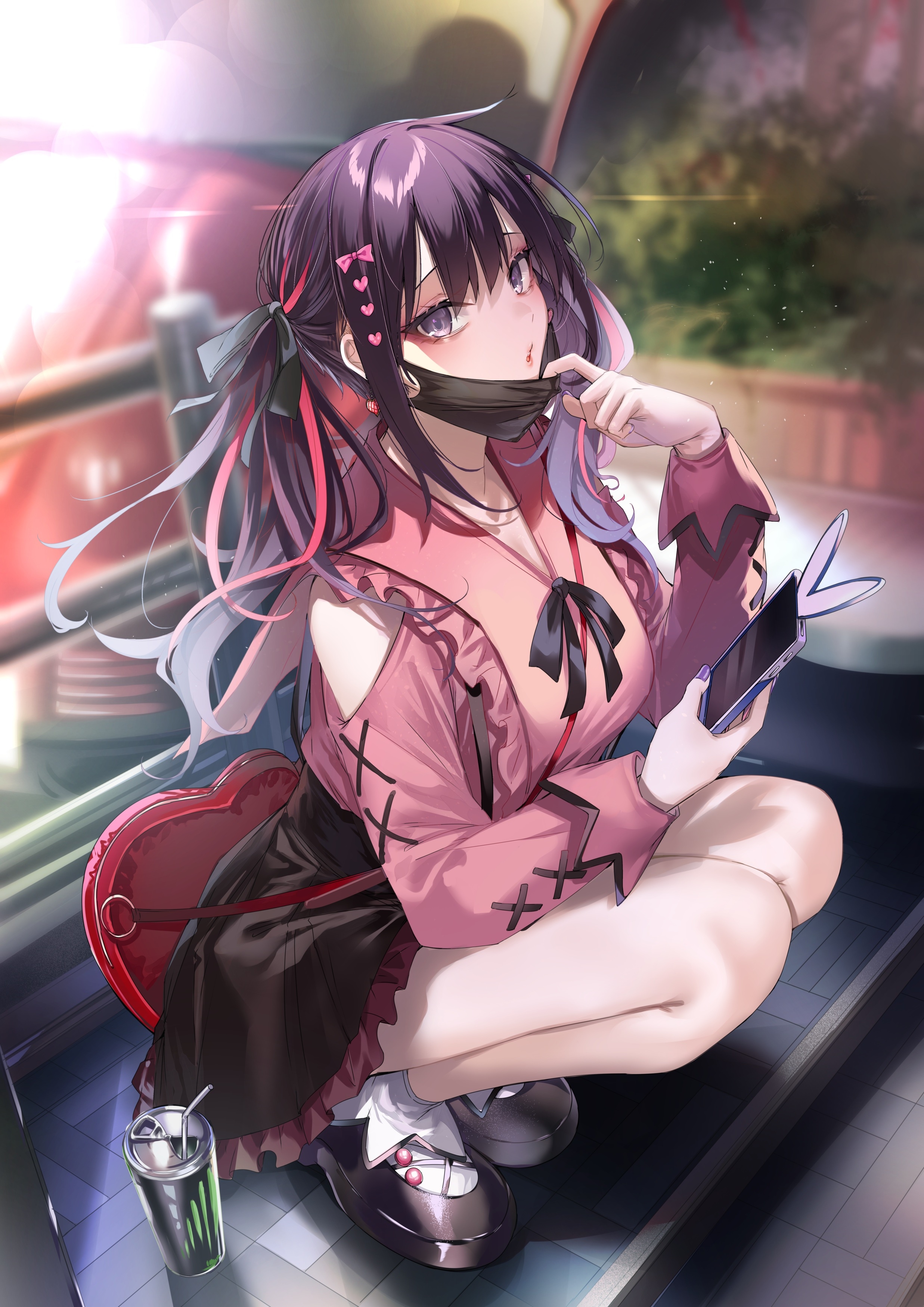 Girl in pink holding a phone and mask HD Phone Wallpaper