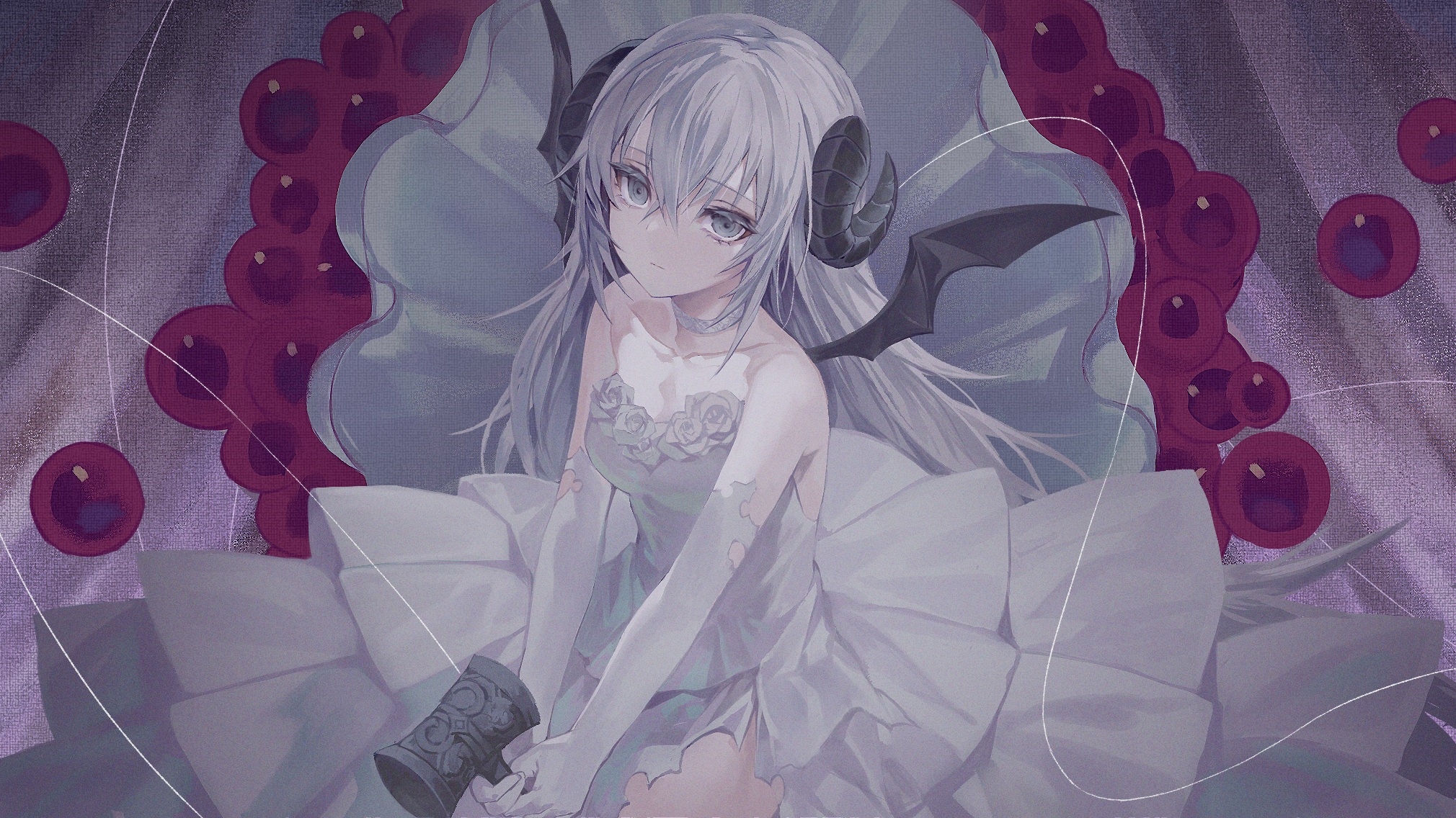 Anime girl with horns and wings in a dress HD Wallpaper
