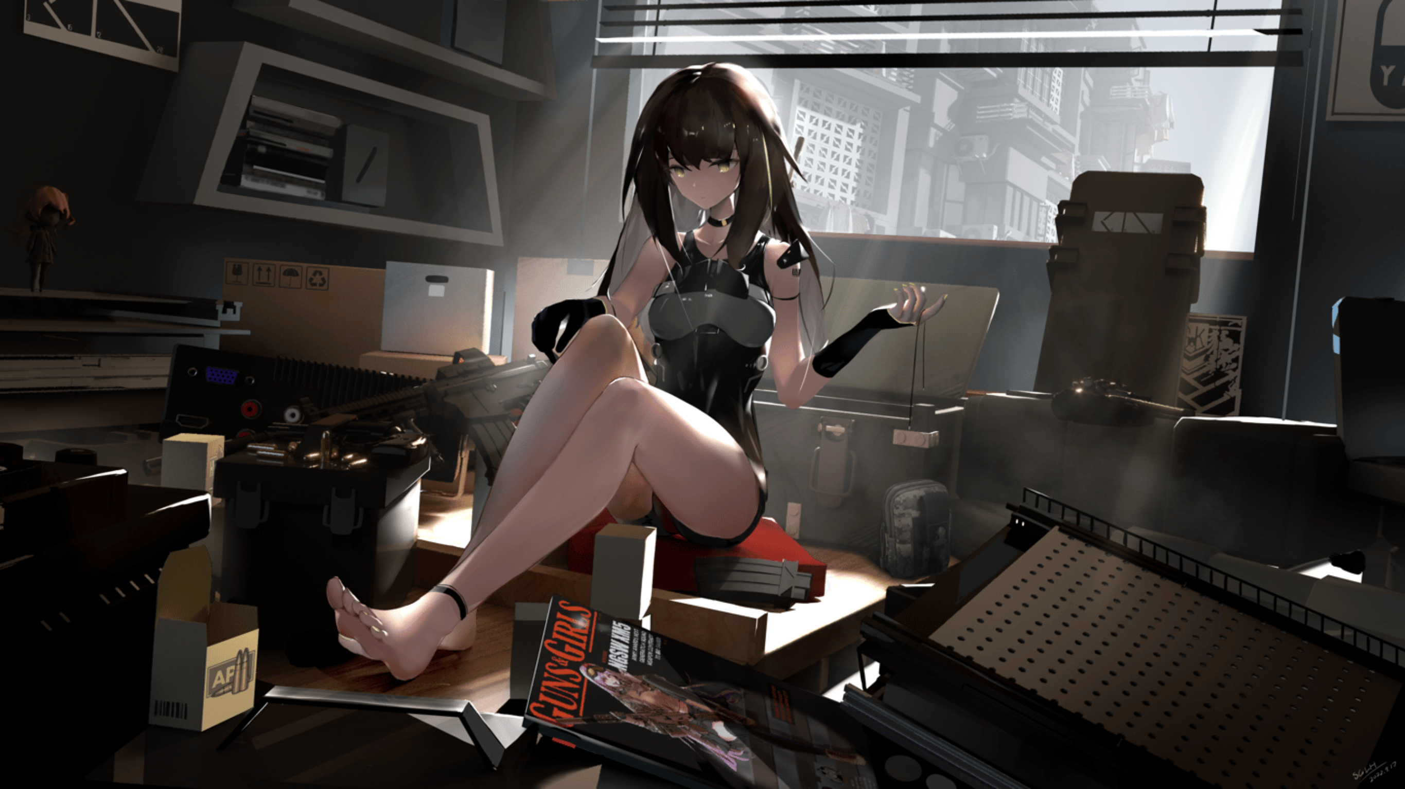 Anime girl with brunette hair in a room HD Wallpaper