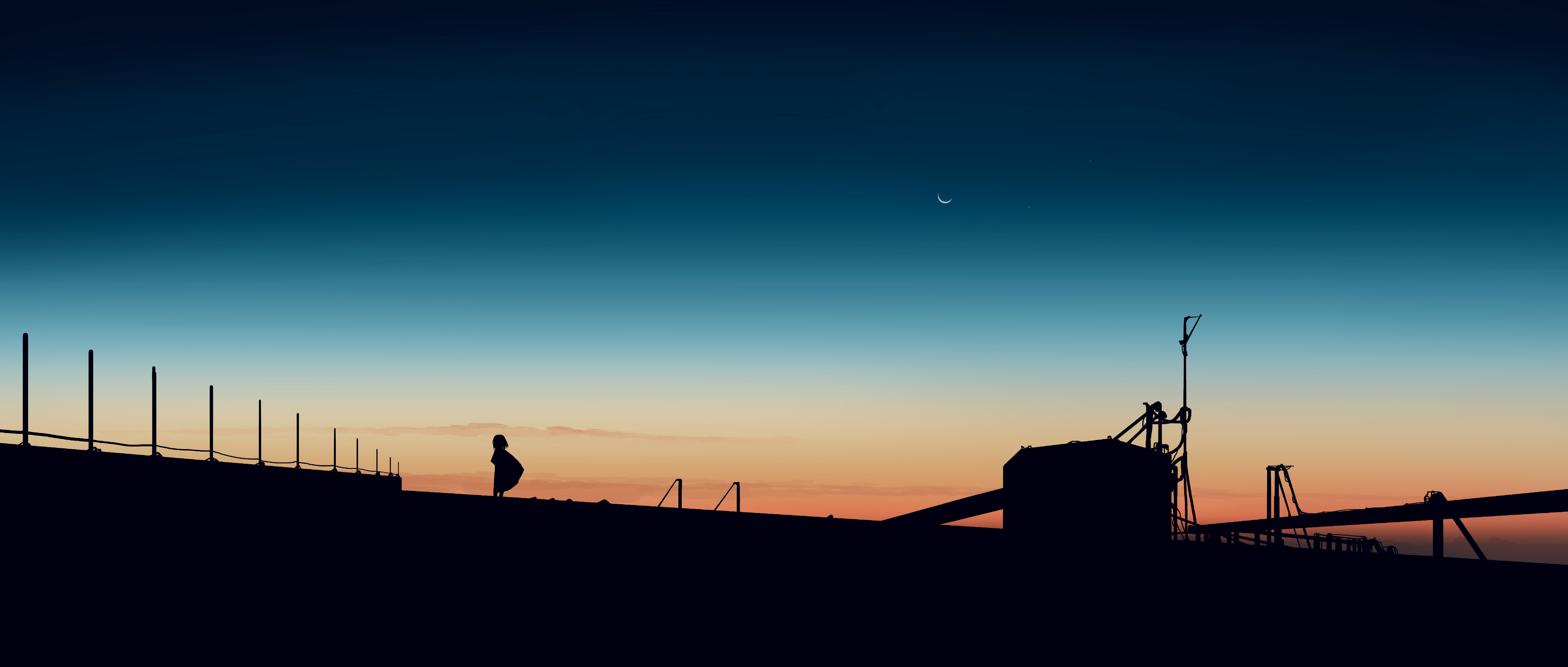 Silhouette of a person and industrial structures against a sunset sky HD Wallpaper