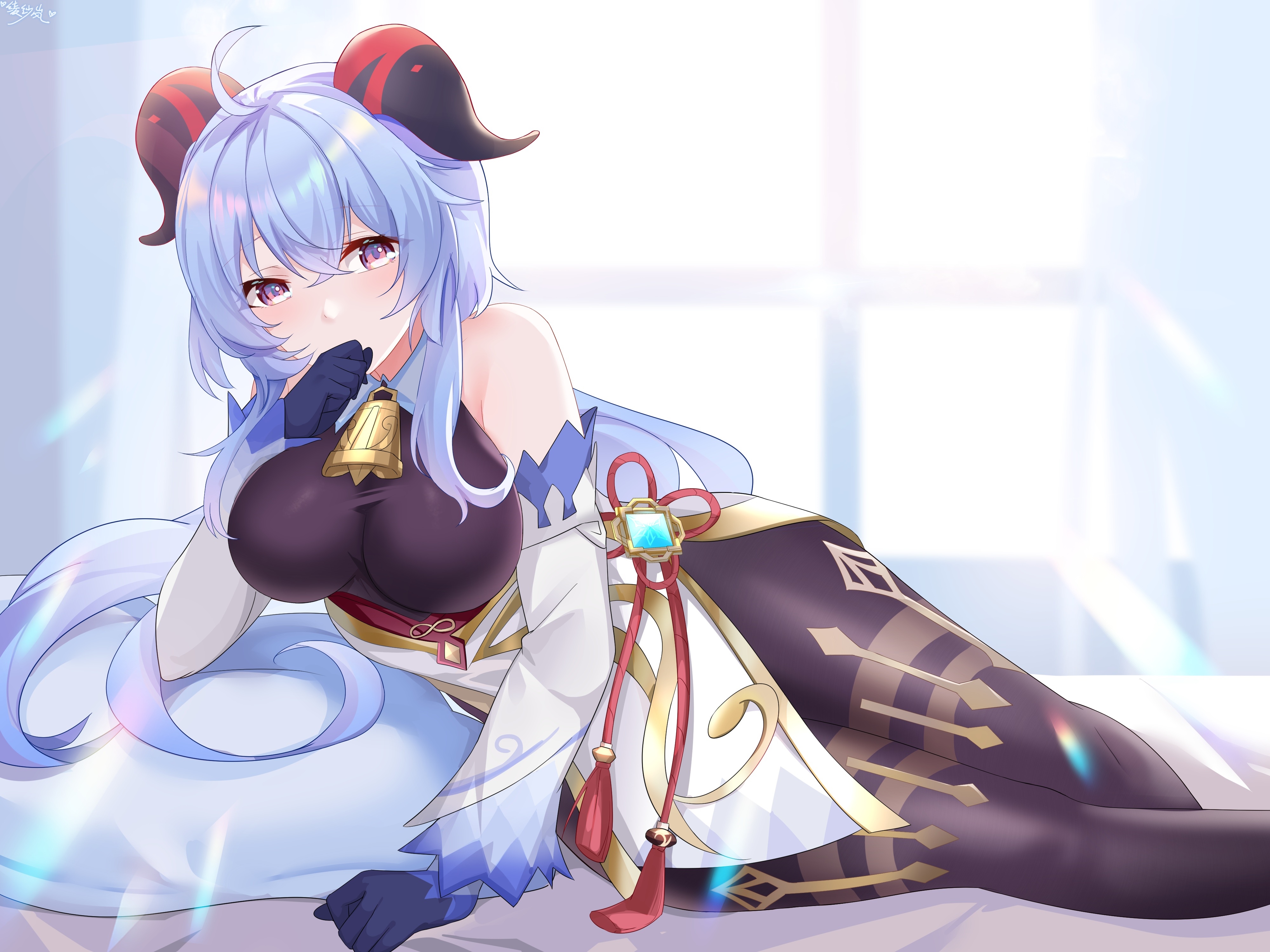 Genshin Impact Ganyu with horns and gloves HD Wallpaper