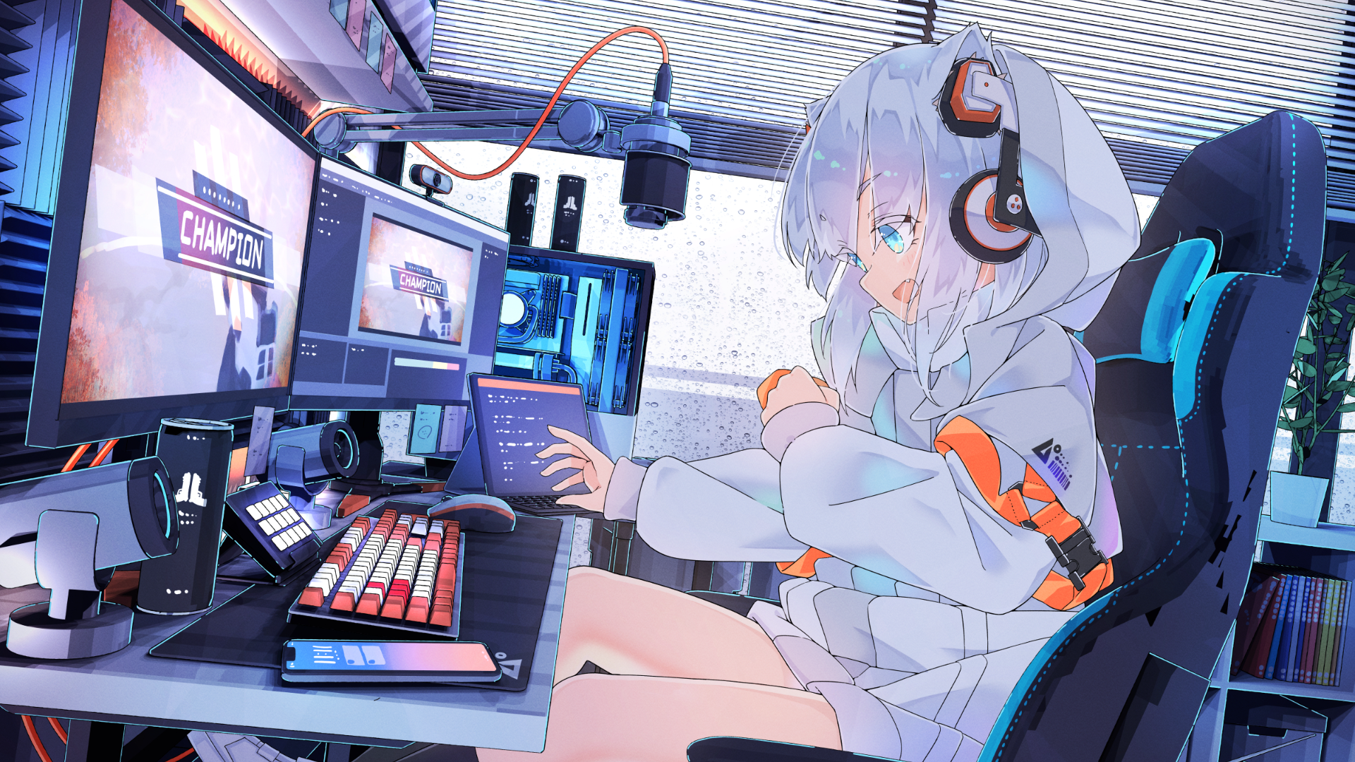 Girl playing PC games with multiple monitors HD Wallpaper