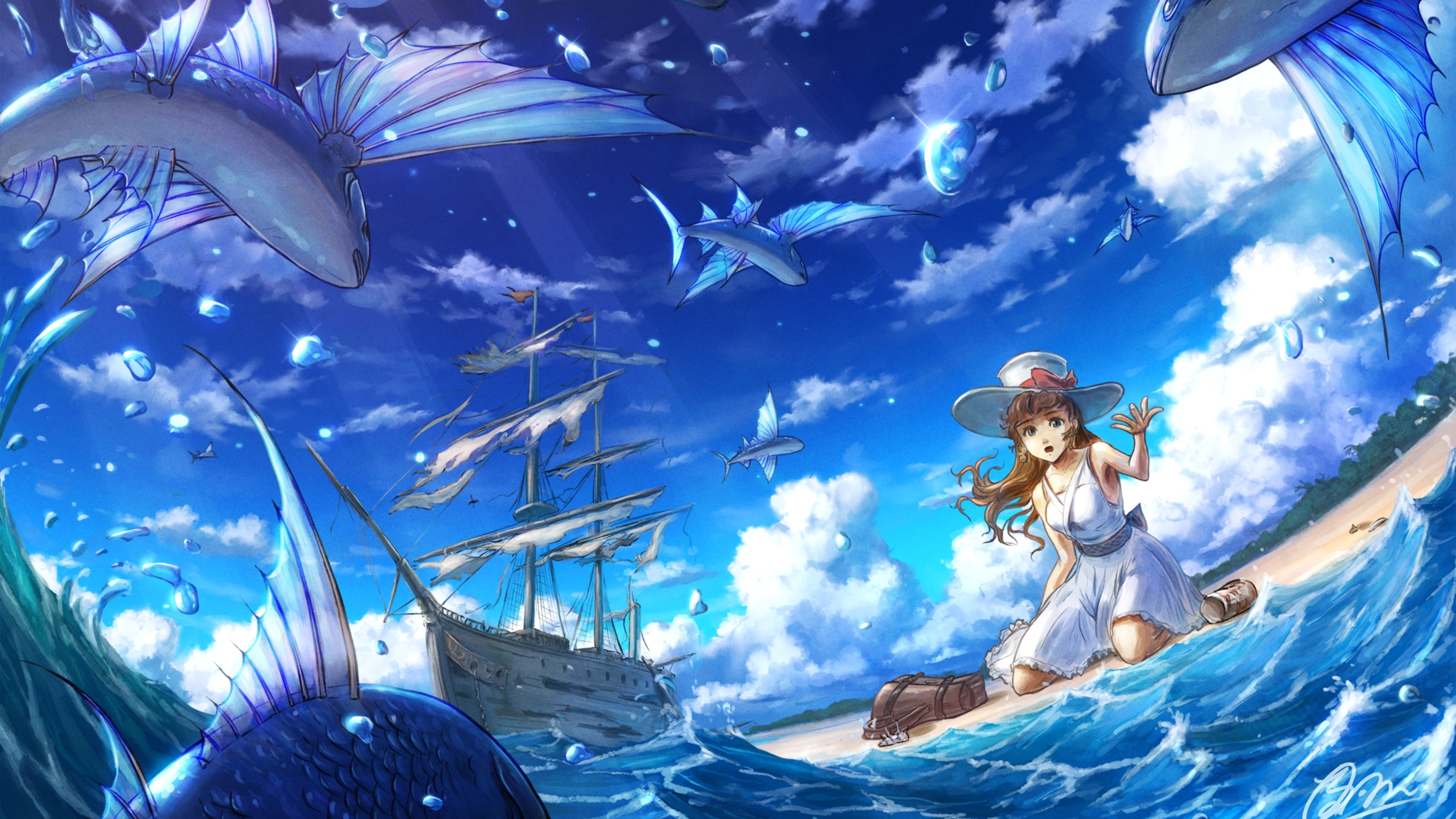 4K anime scene with flying fish and a ship HD Wallpaper