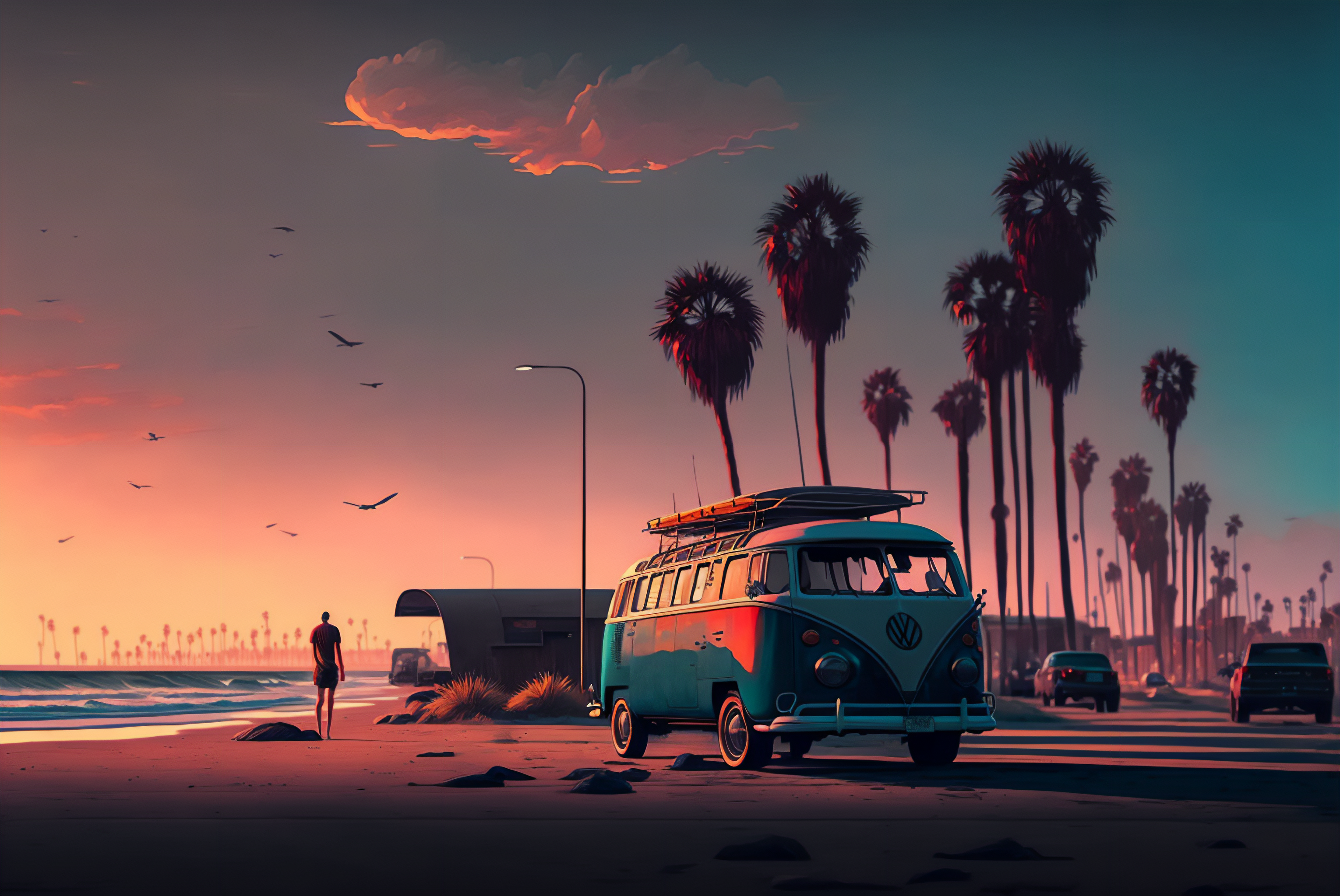 Beach sunset with palm trees and a vintage van HD Wallpaper