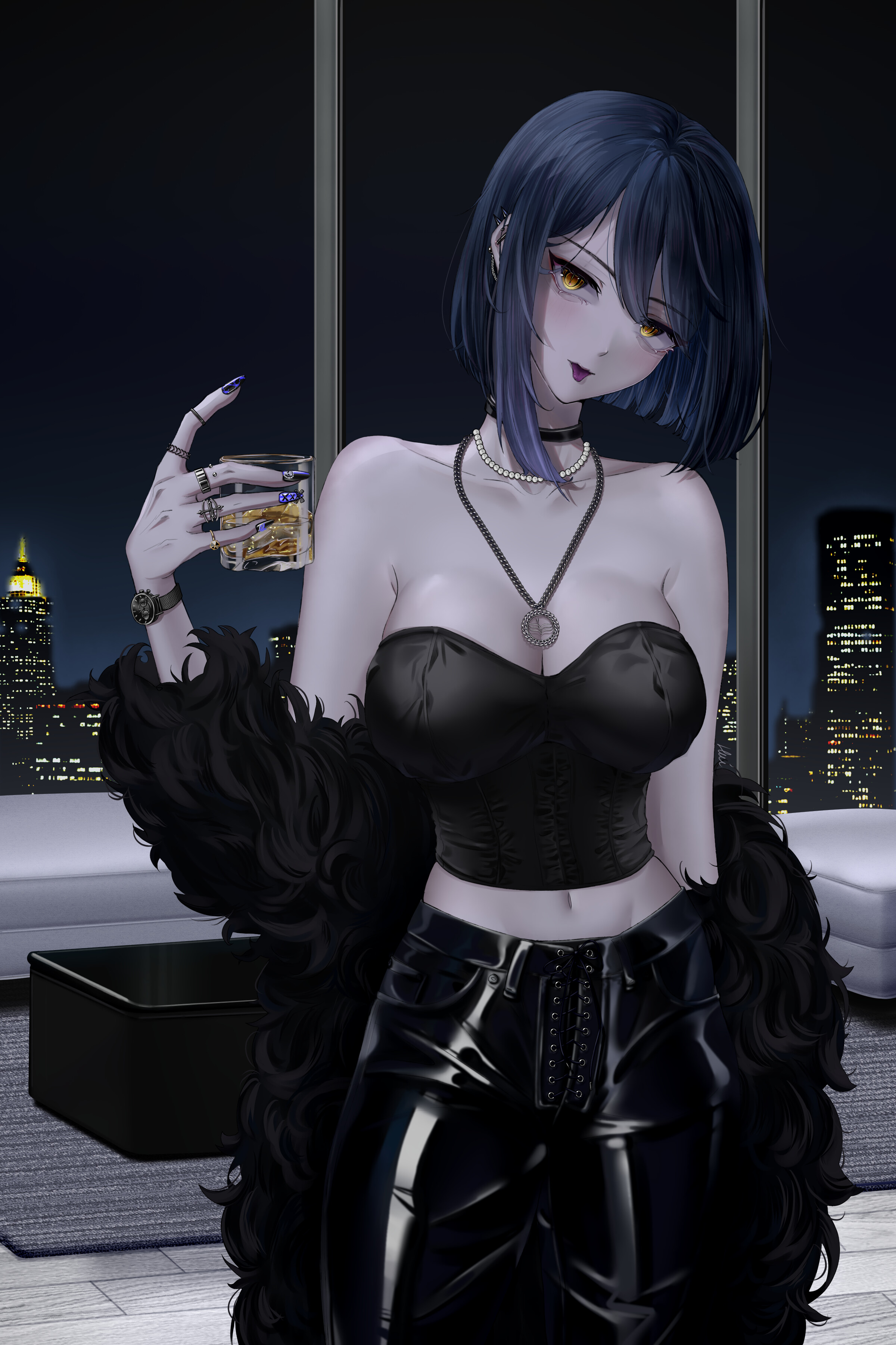 Woman in black outfit holding a drink in a city apartment HD Phone Wallpaper