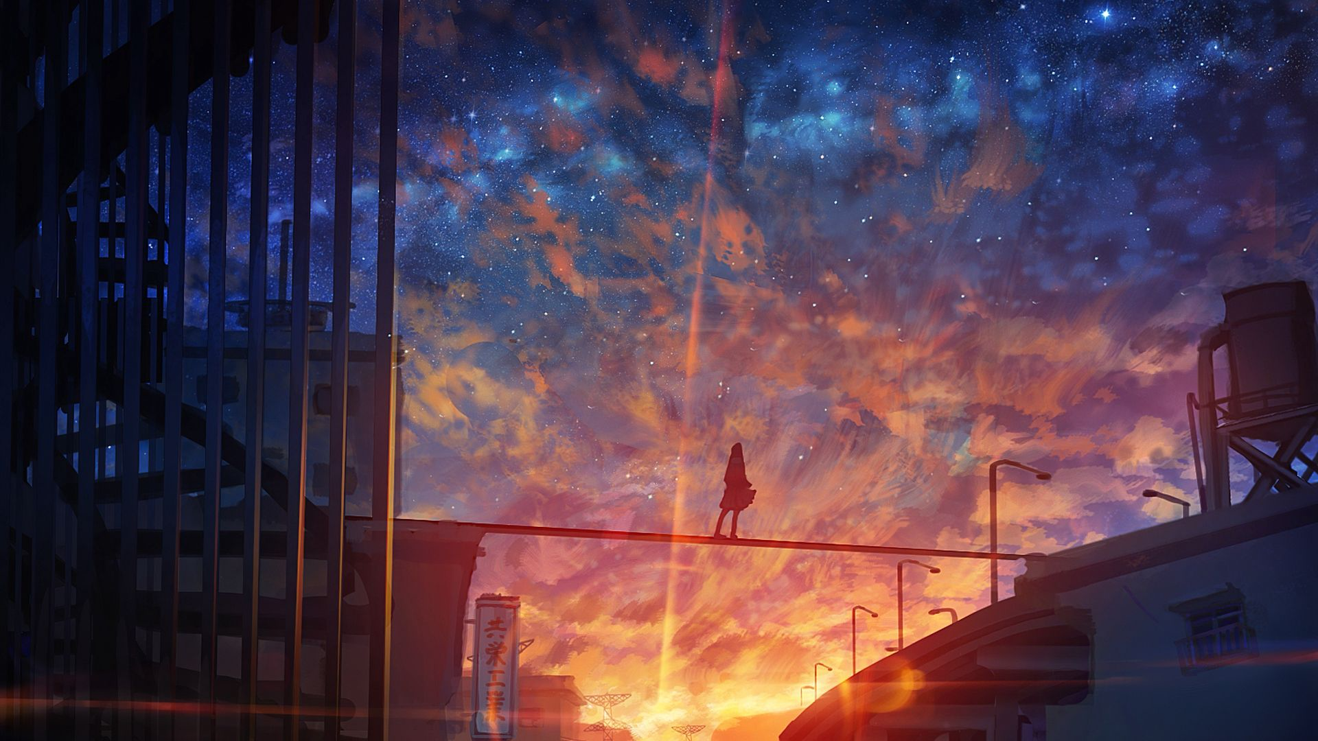 Girl walking on a beam under a colorful sunset sky HD Wallpaper