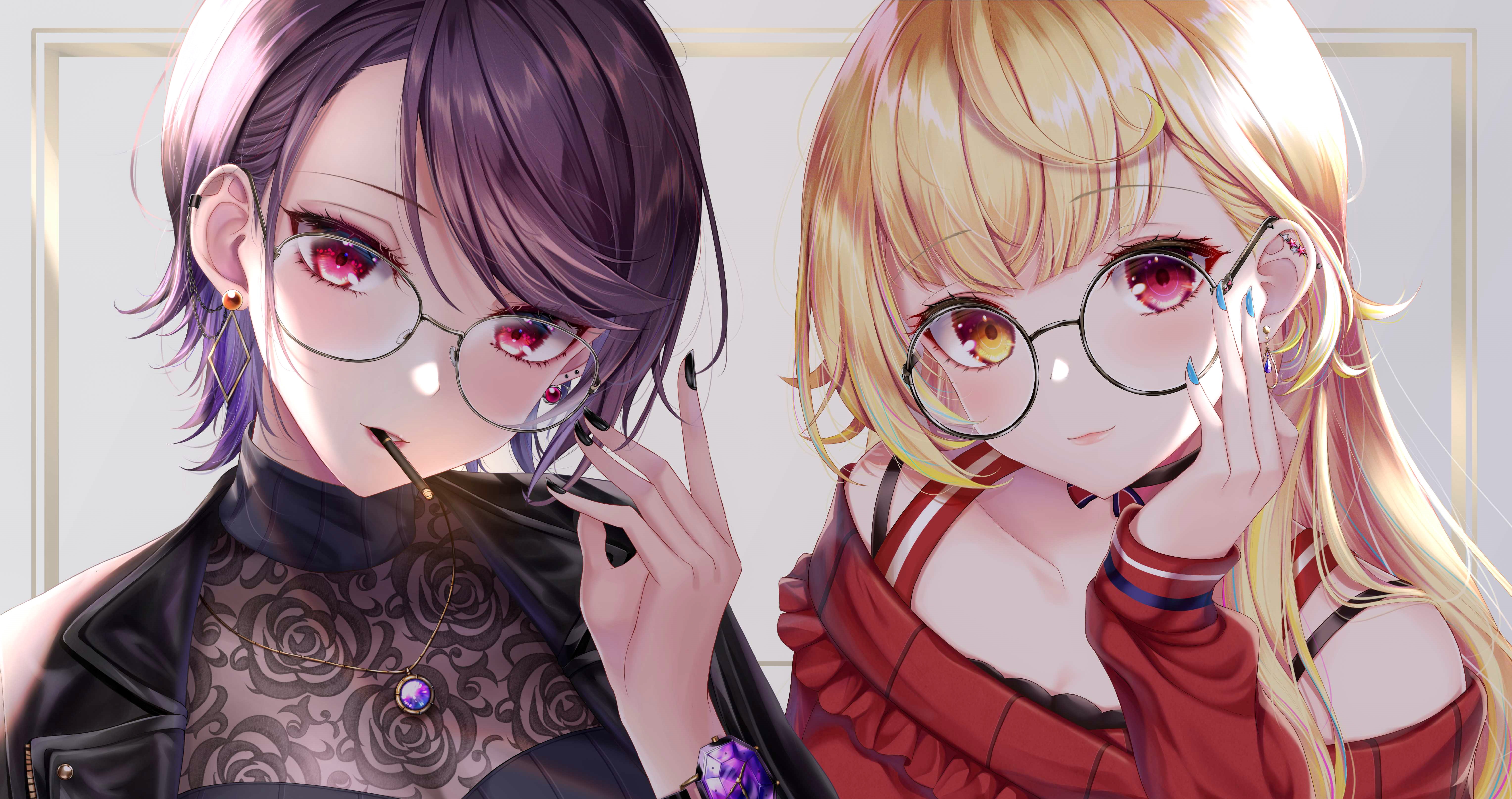 Two anime girls with glasses and cigars HD Wallpaper