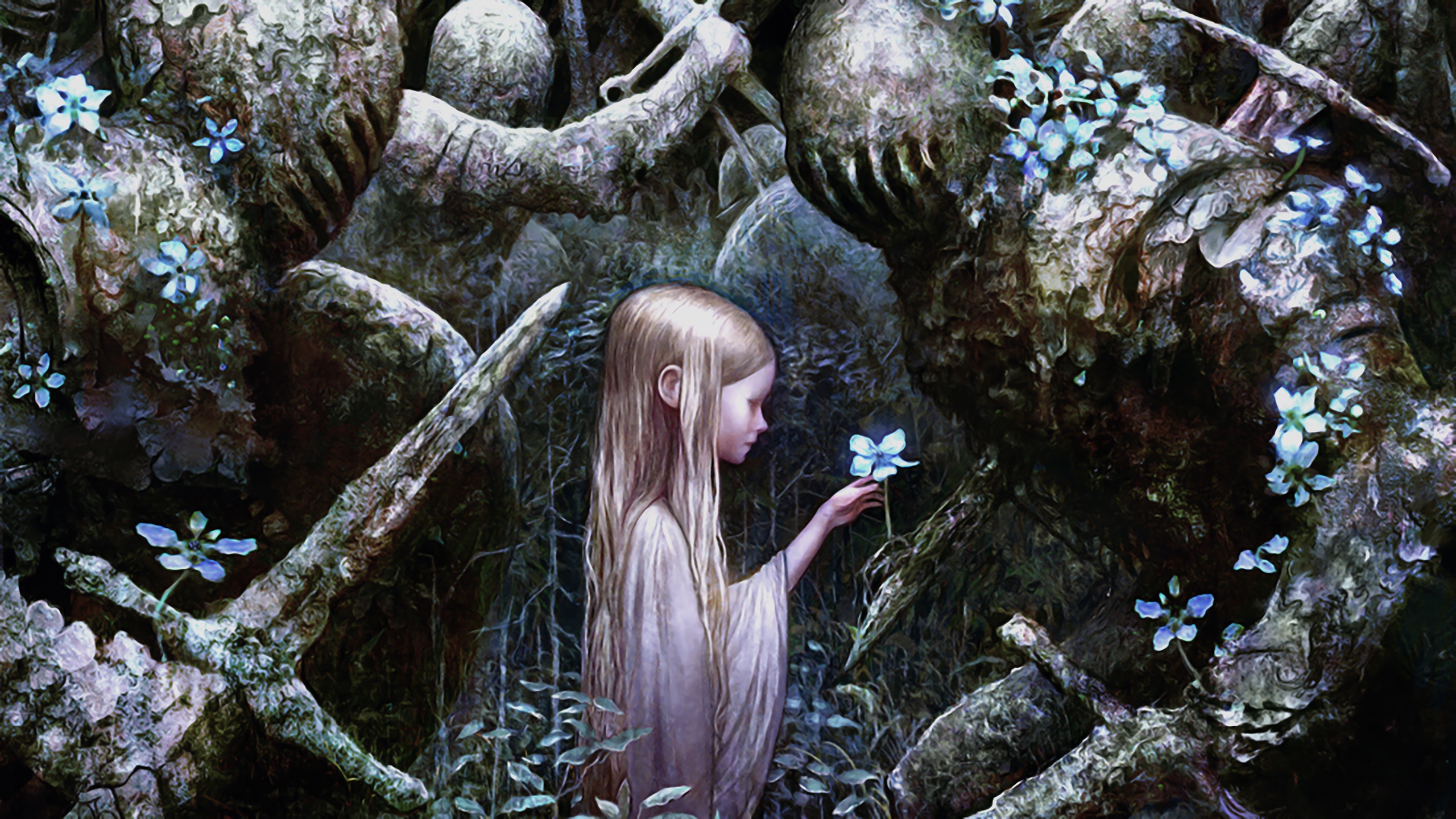 Girl in white dress holding a blue flower in a forest HD Wallpaper