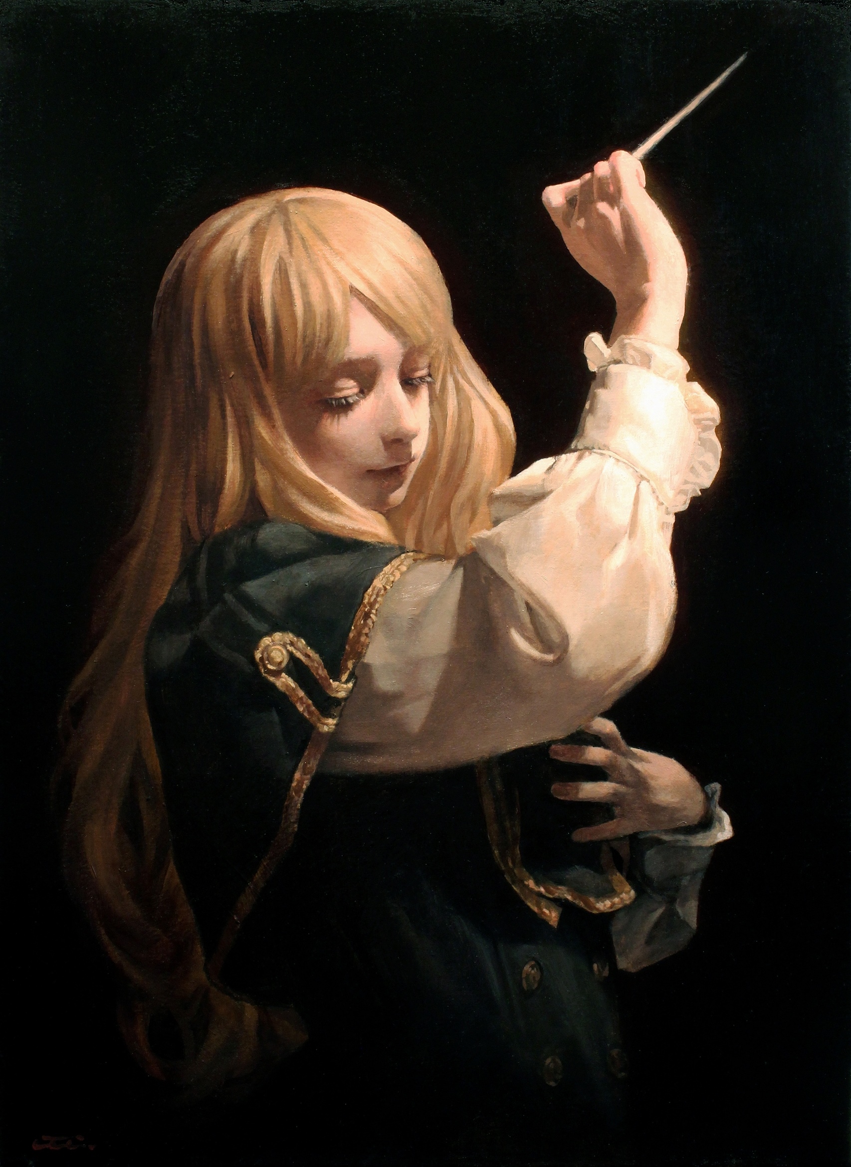 Blonde girl with eyes closed holding a conductor's baton HD Phone Wallpaper