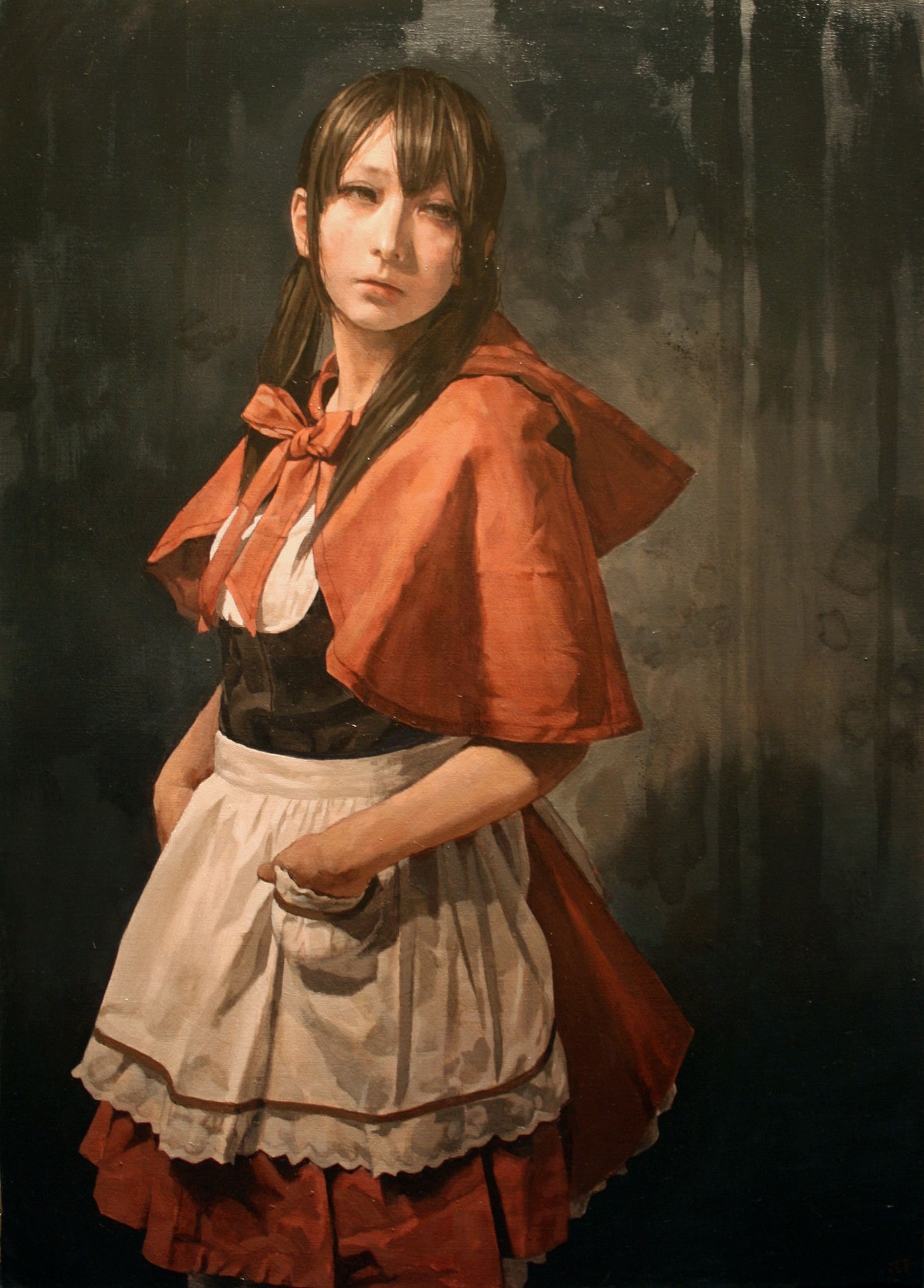 Oil painting of a girl in a red hood HD Phone Wallpaper