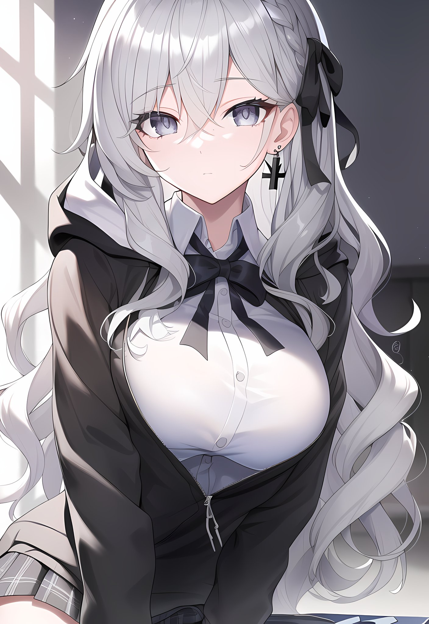 Anime girl with white hair and black ribbons HD Phone Wallpaper