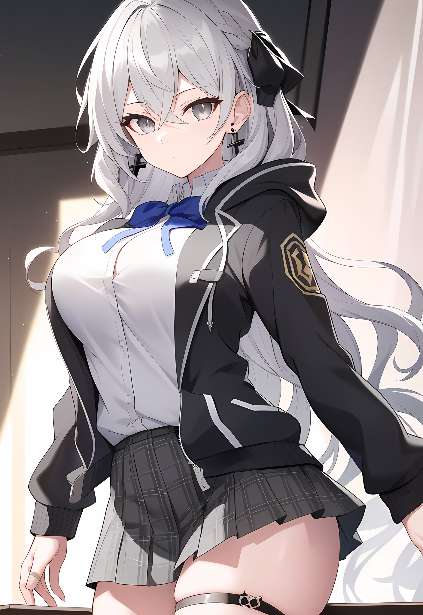 Anime girl with white hair and blue bow HD Phone Wallpaper