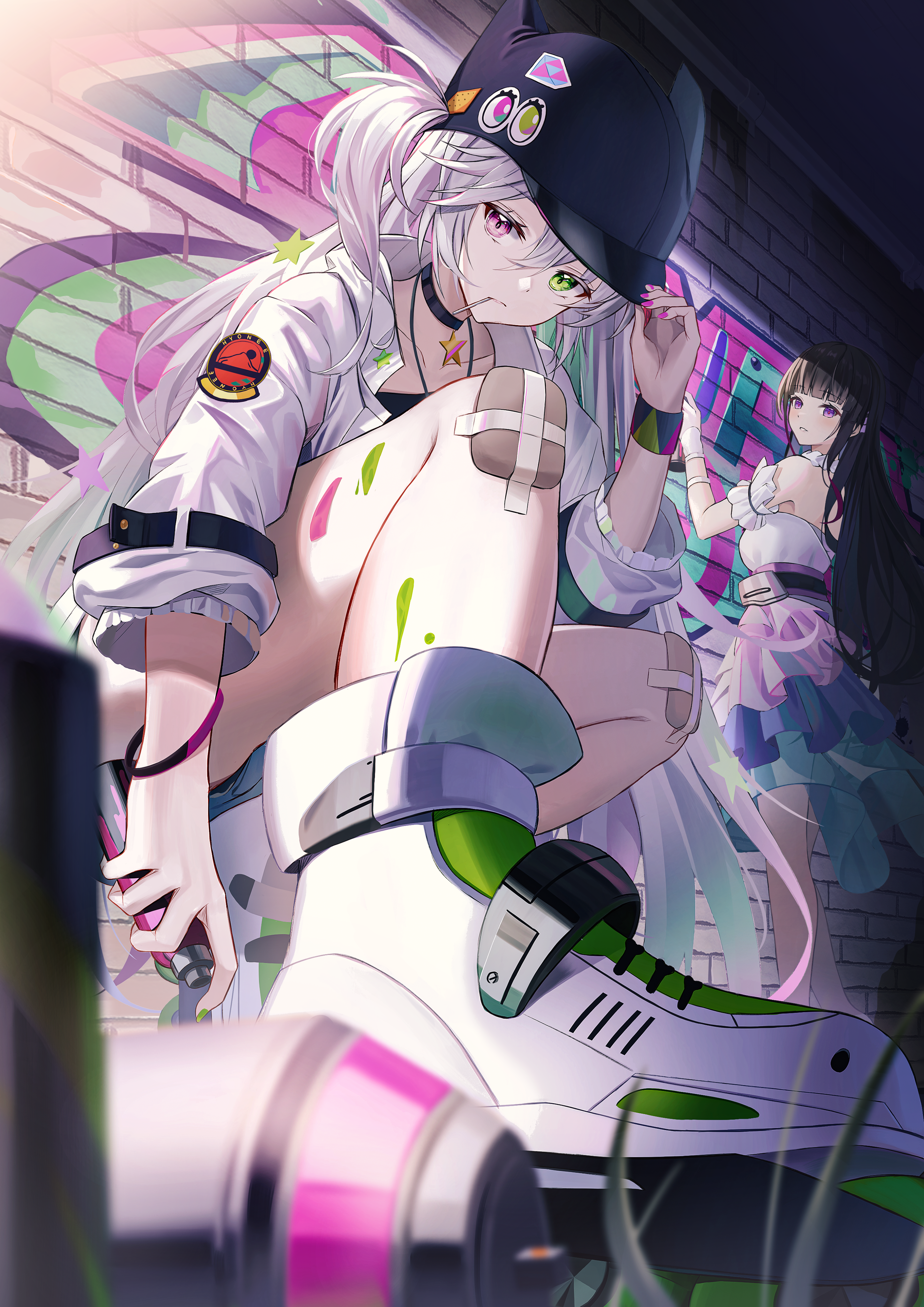 Anime girls with bandages and graffiti HD Phone Wallpaper