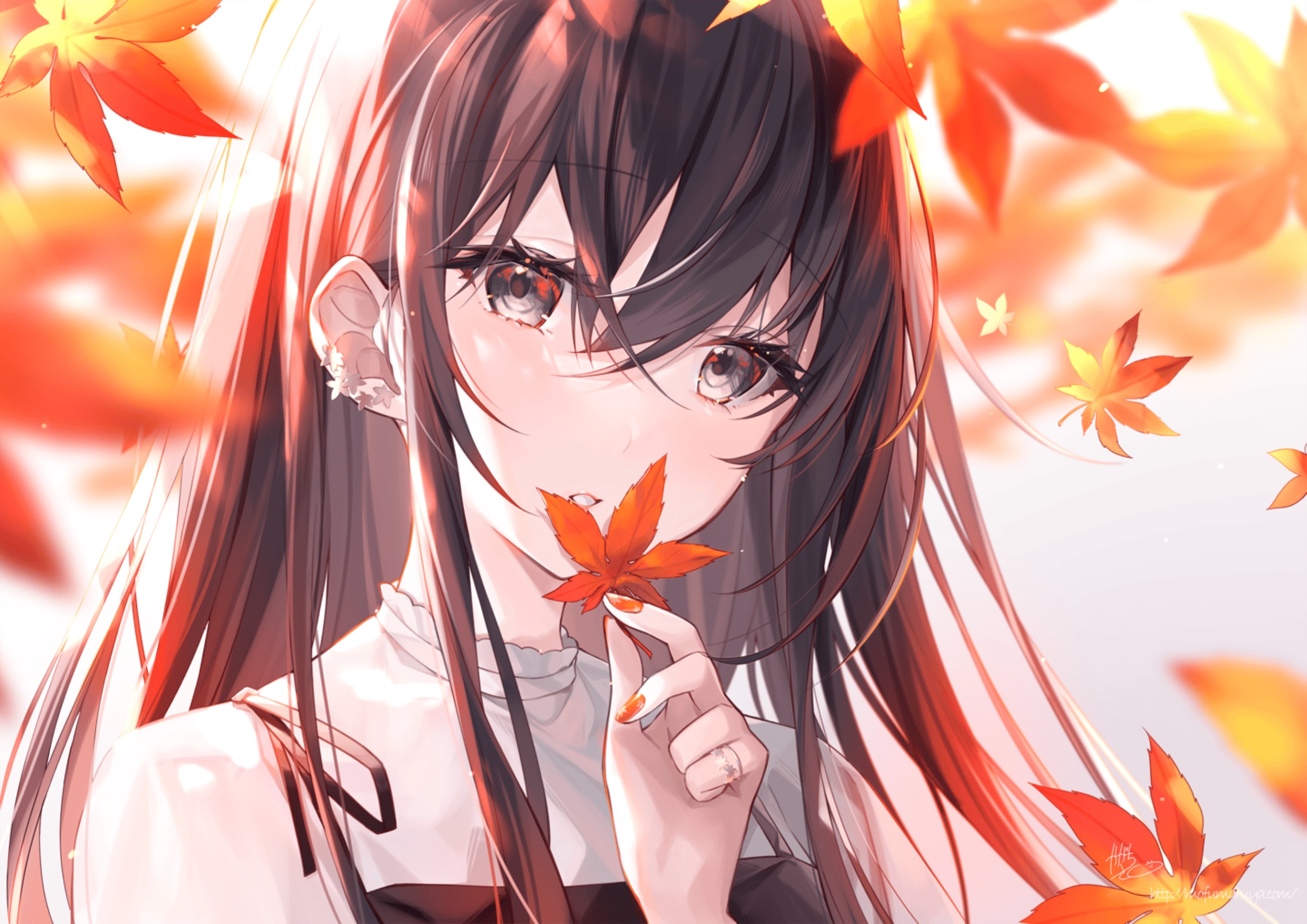 Anime girl Kagachi Saku holding a maple leaf in fall HD Wallpaper