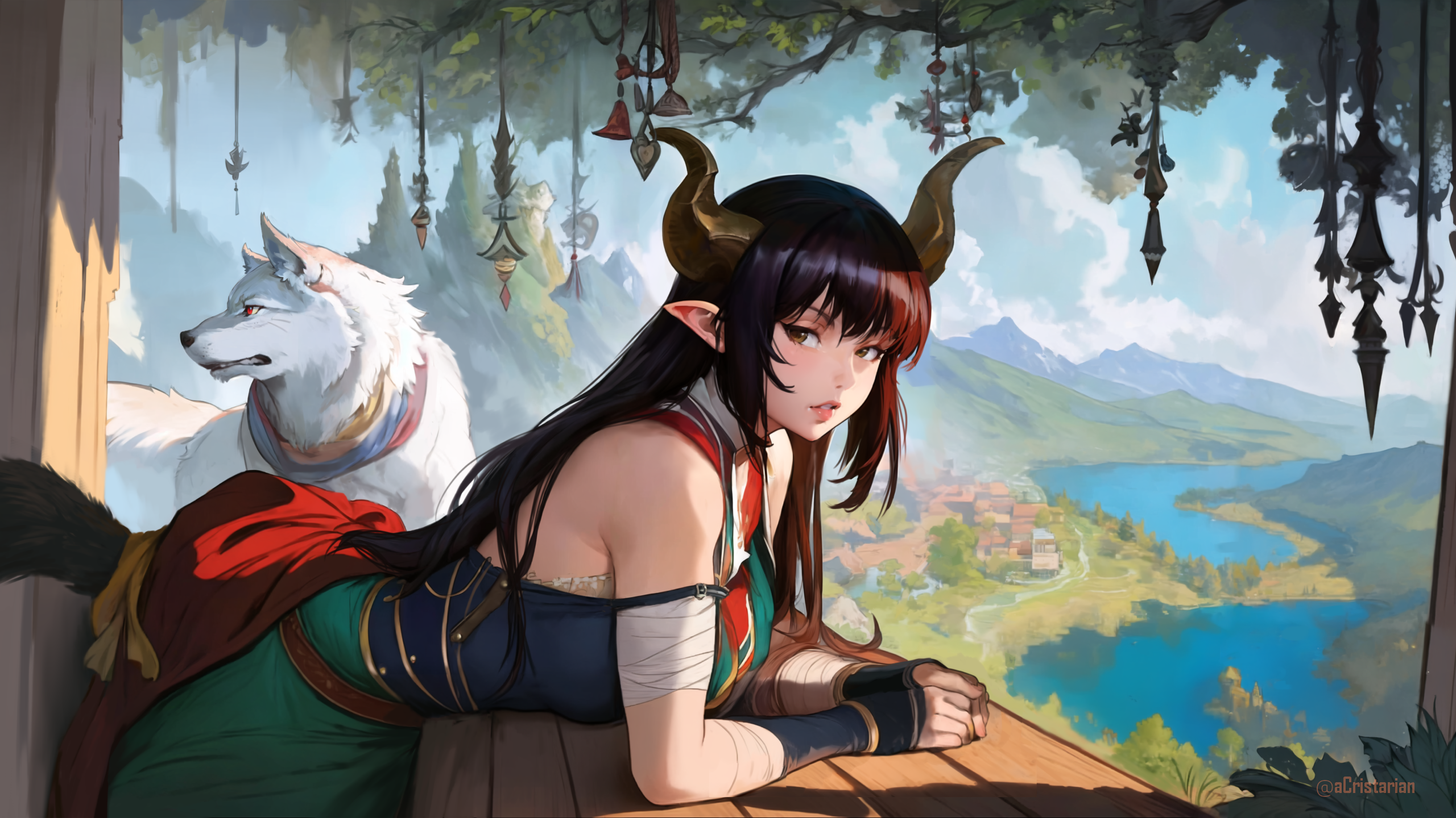 Girl with horns and wolf overlooking a valley HD Wallpaper