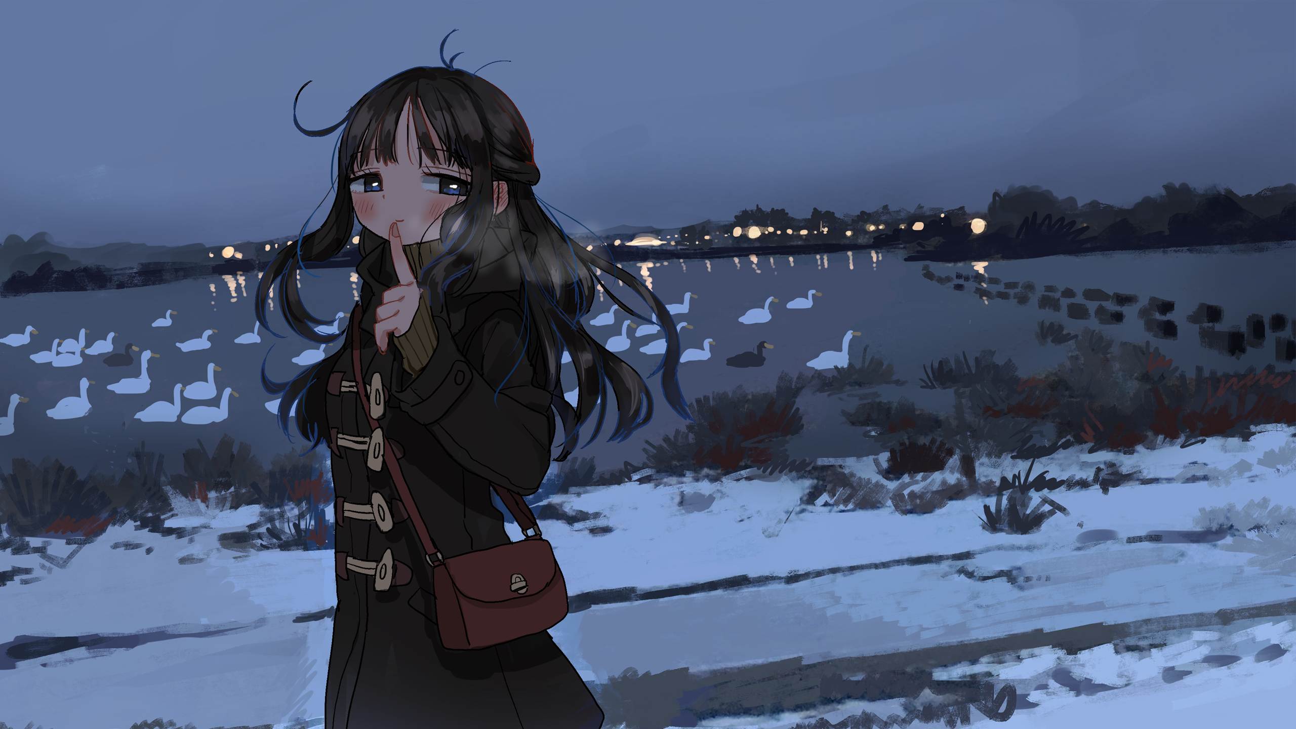Girl with purse and geese in winter evening HD Wallpaper