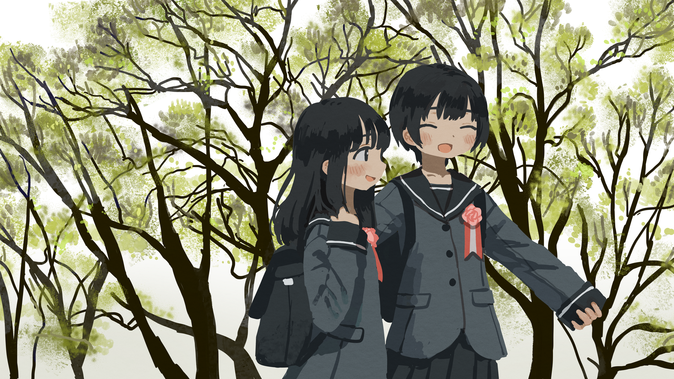 Two schoolgirls in sailor uniforms walking among trees HD Wallpaper
