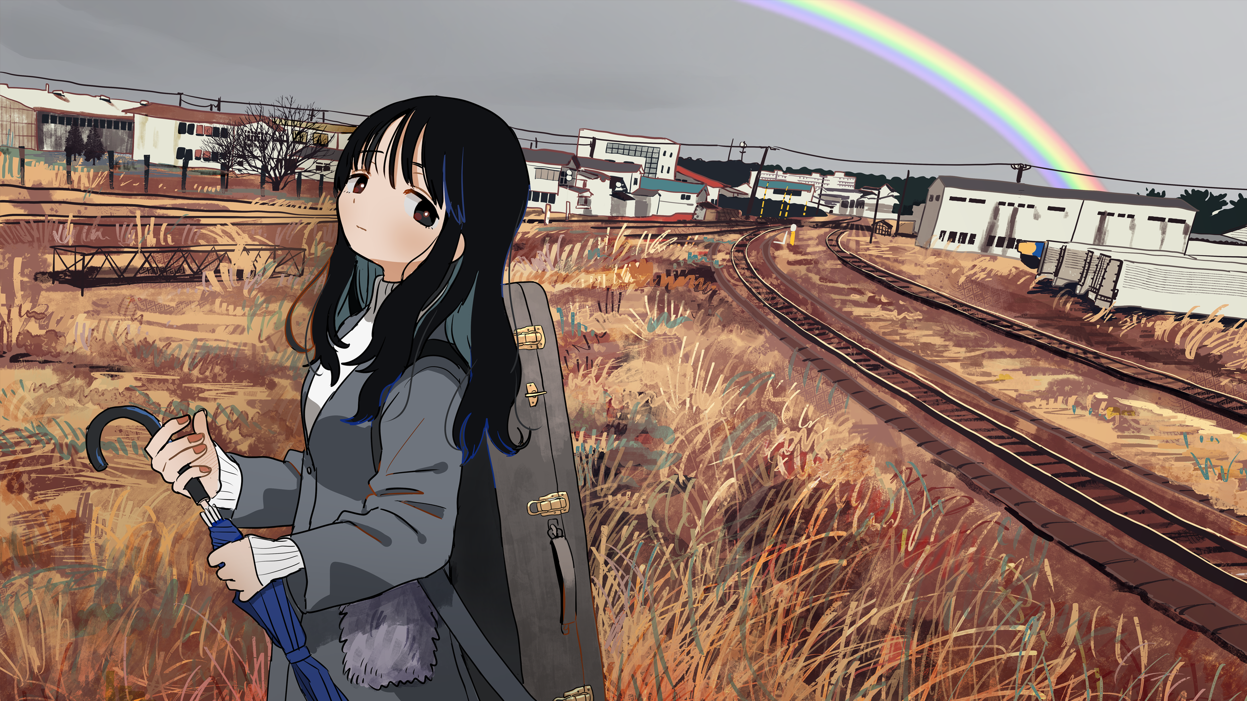 Girl with umbrella and suitcase by railway with rainbow HD Wallpaper