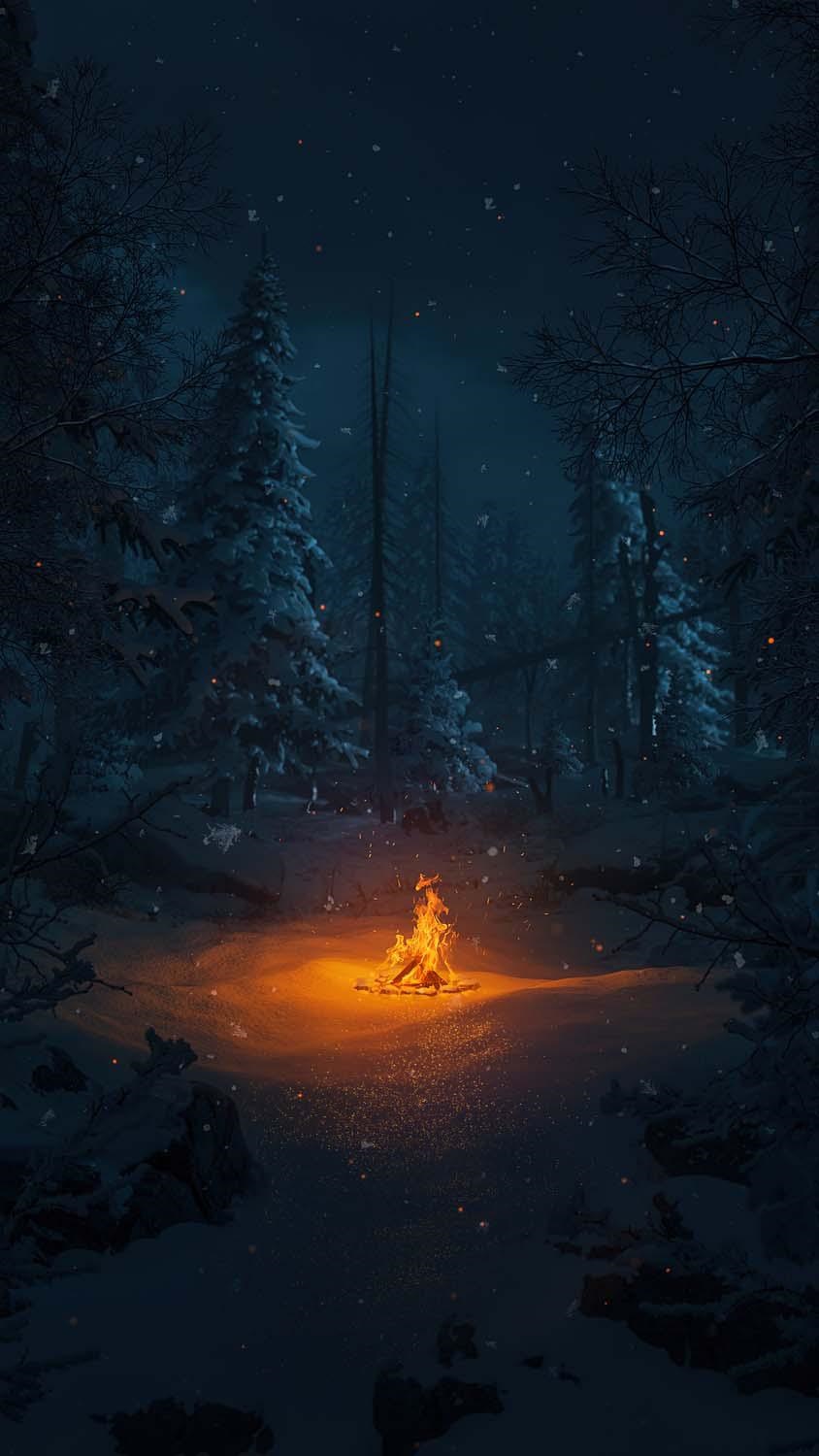 Campfire in a snowy forest at night HD Phone Wallpaper